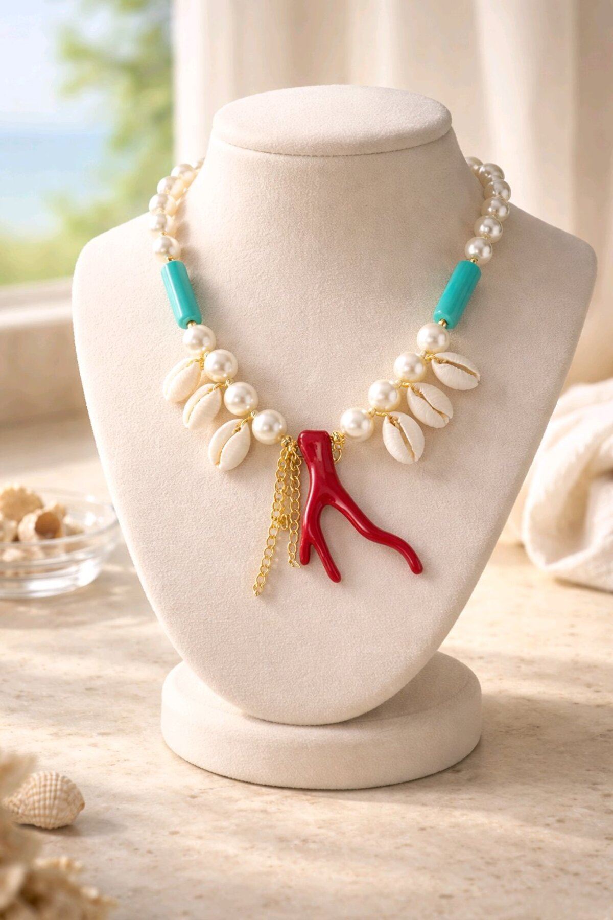 İnci Mercan Charmlı Boncuklu Elegant Kolye