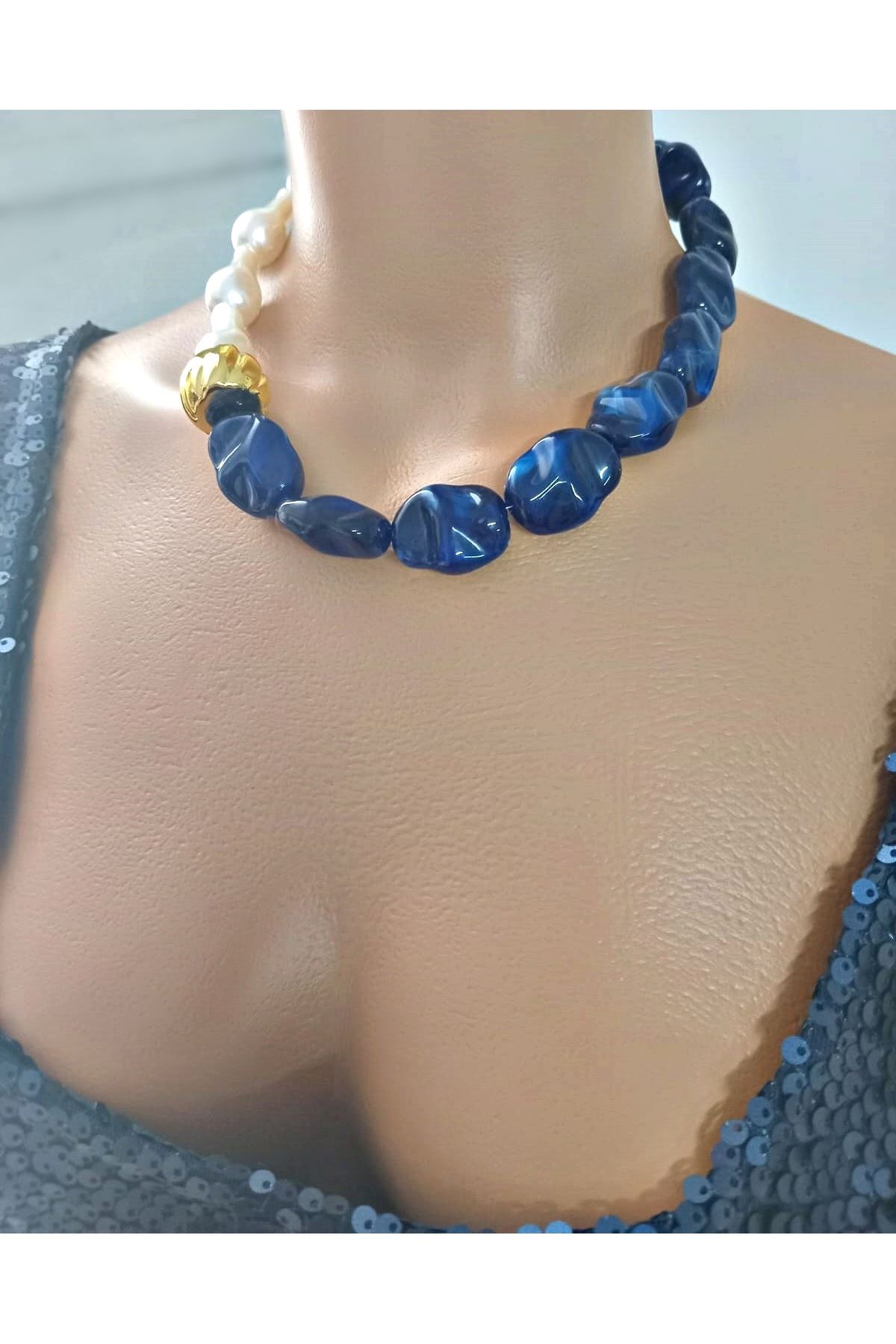 Lacivertli İnci Elegant Kolye