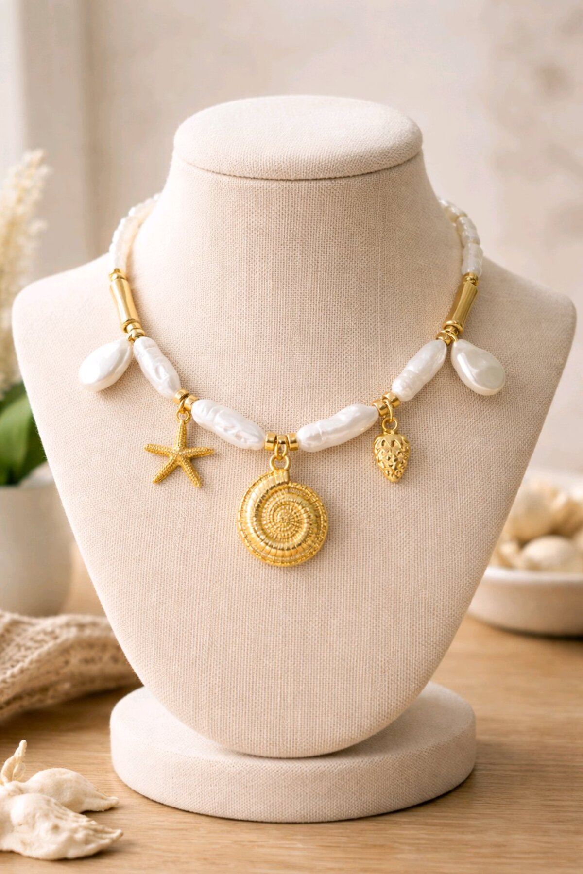 İncili Charmlı Elegant Plaj Kolye