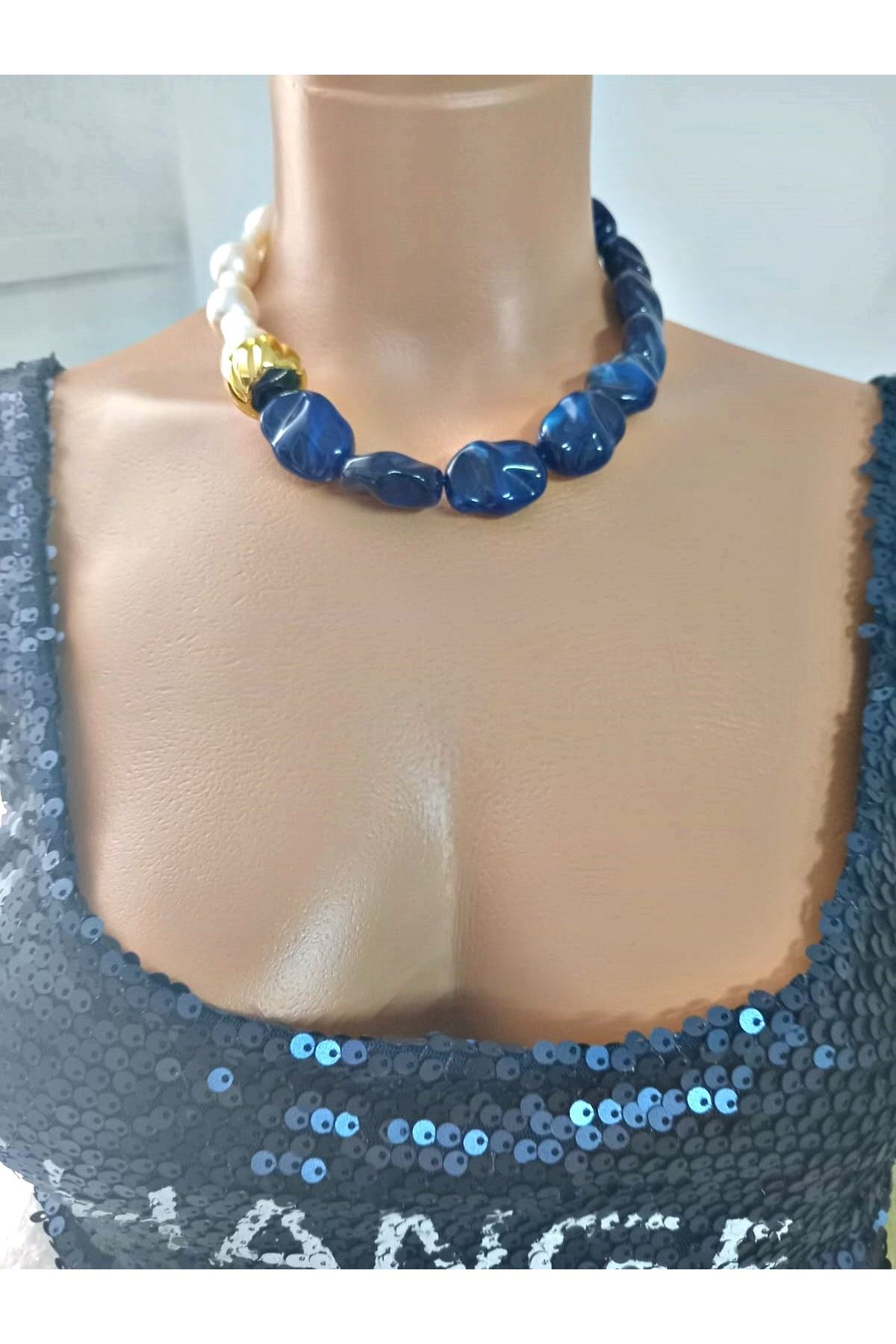 Lacivertli İnci Elegant Kolye