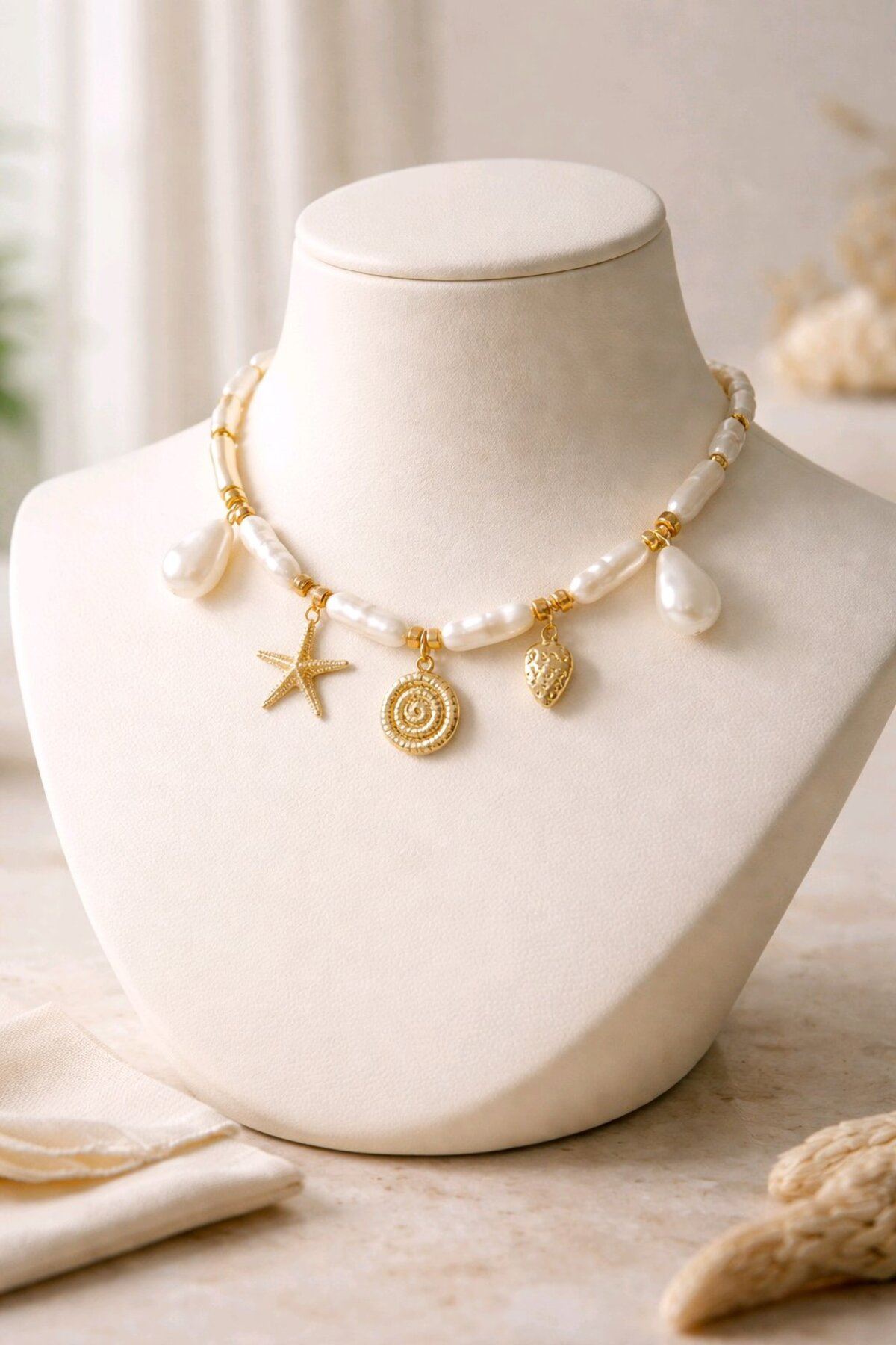 İncili Charmlı Elegant Plaj Kolye