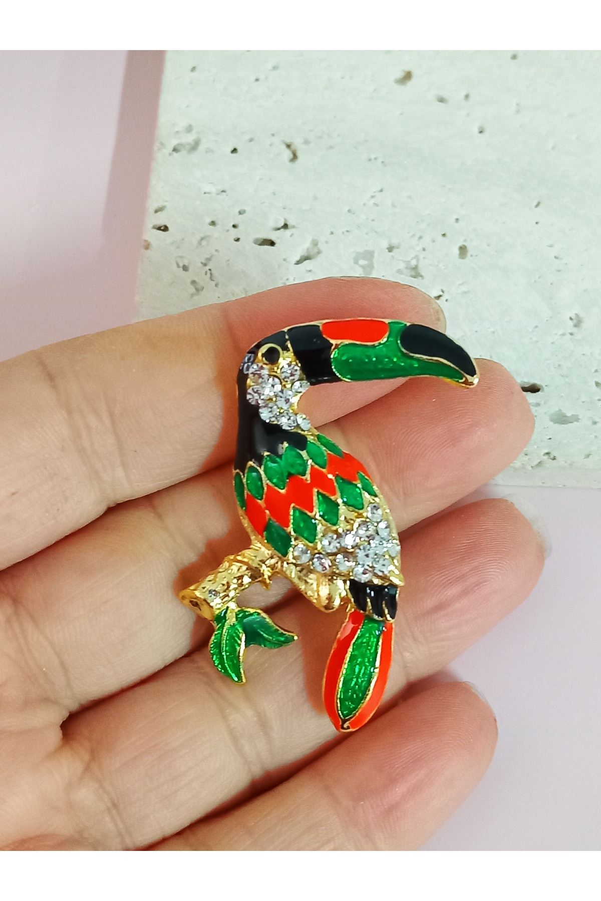 Yeşil siyah Taşlı Kuş Broş