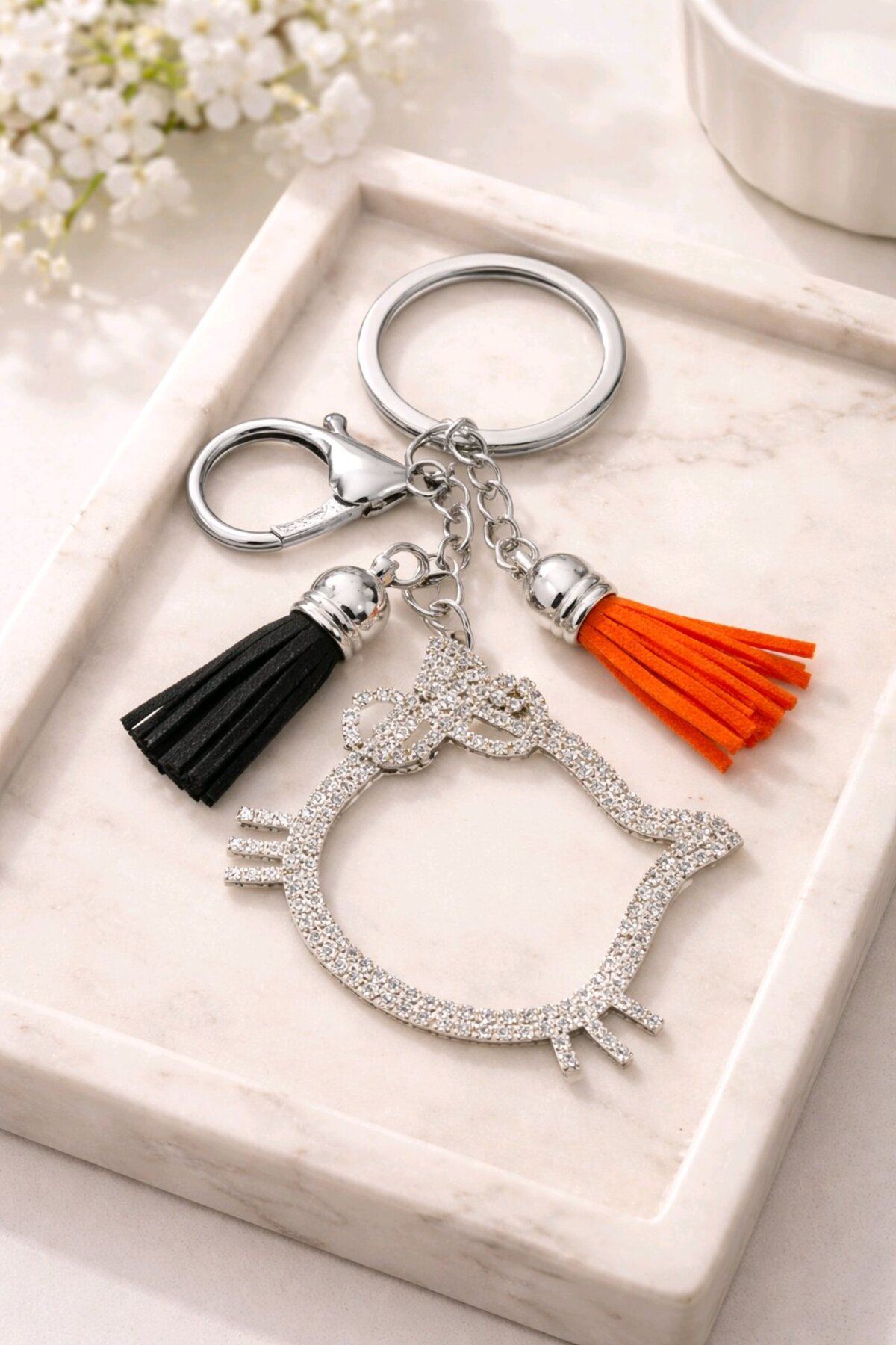 Taşlı Gümüş Helllo kit Anahtarlık, Çanta Süsü , Çanta Aksesuarı, Araba Süsü