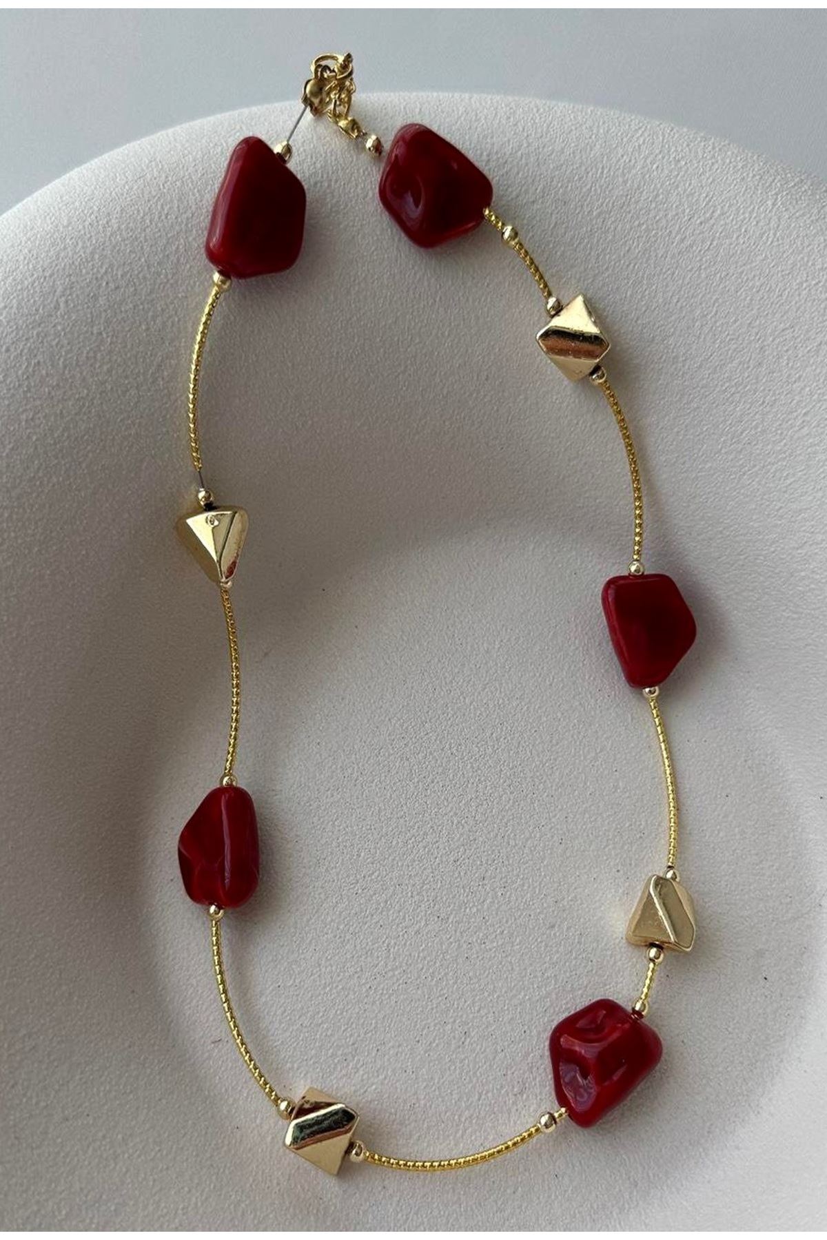 Bordo Taşlı Gold Kadın Kolye