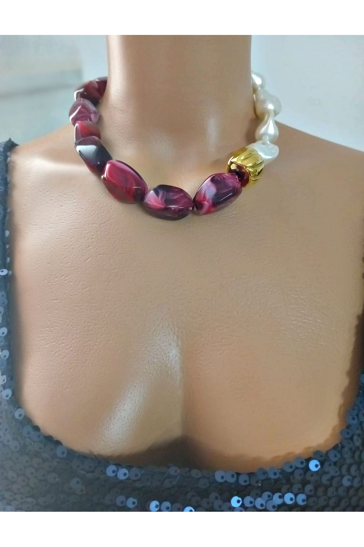 Bordolu İnci Elegant Kolye