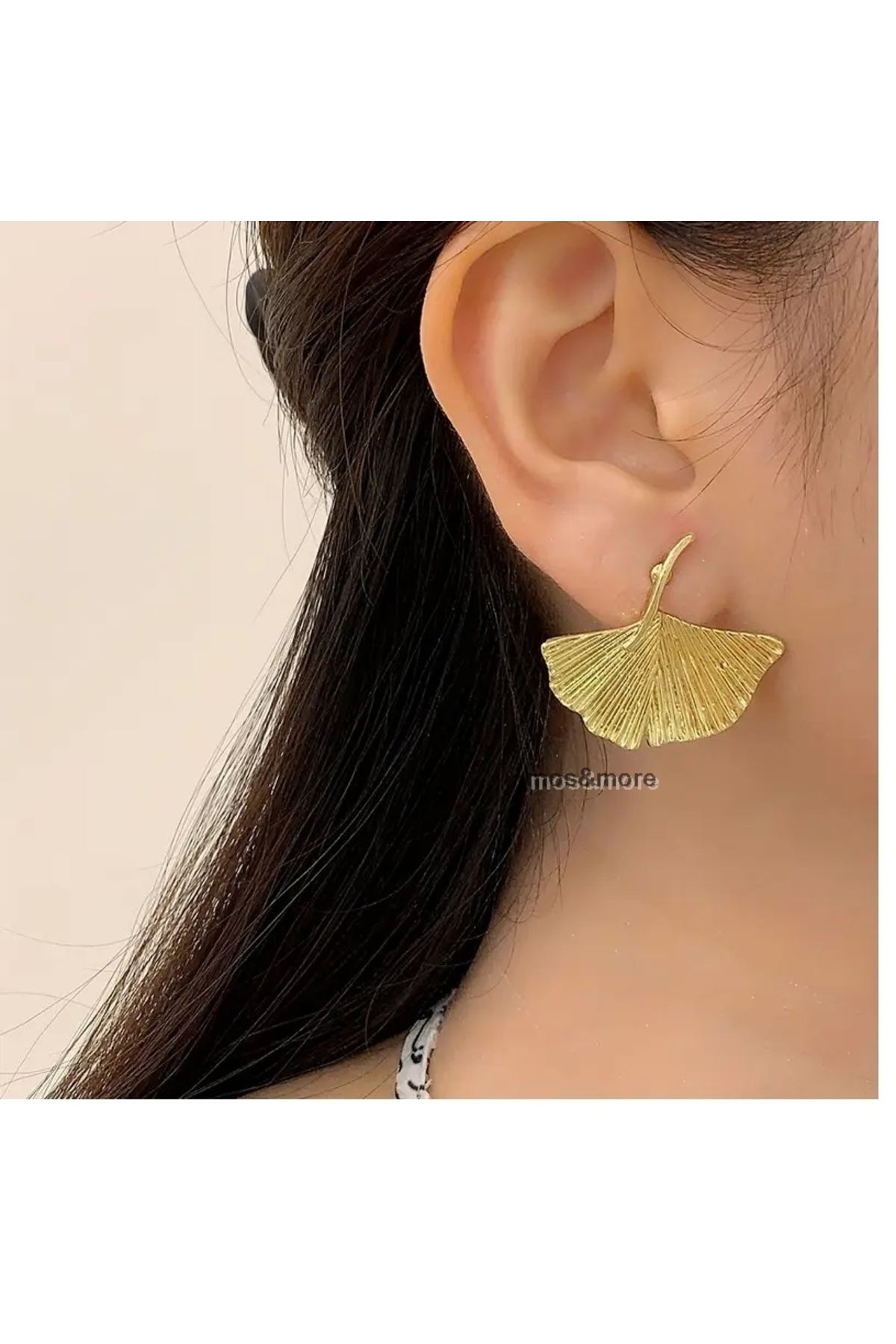 Kızılcık Şerbeti Gold Yaprak Gingko Küpe Vintage