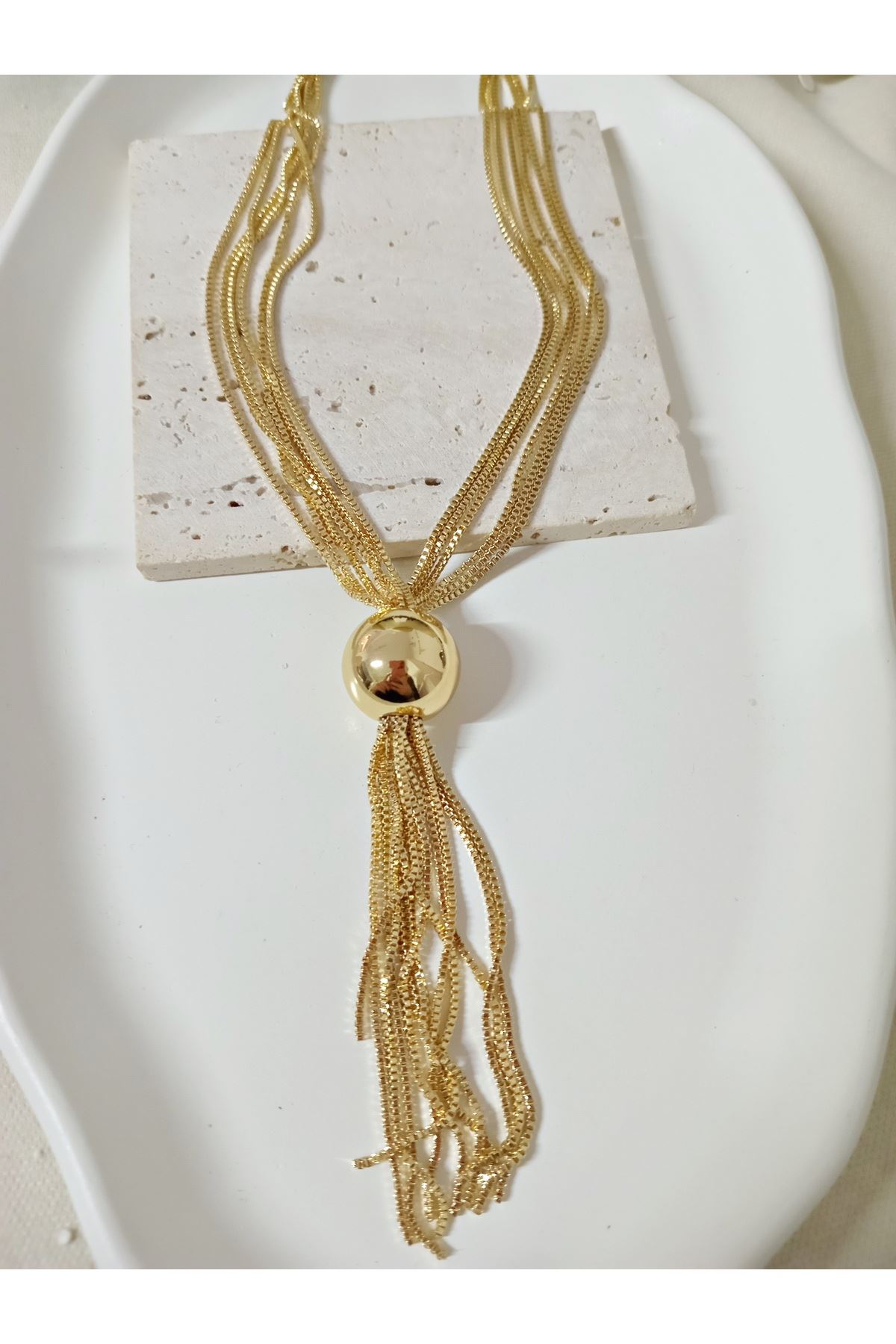 Gold Çoklu Zincir Şık Elegant Y Kolye