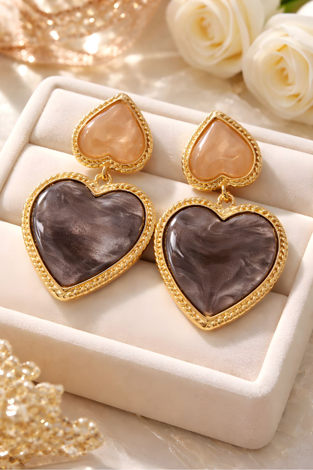 Gold Kahverengi Çiftli Kalp Küpe