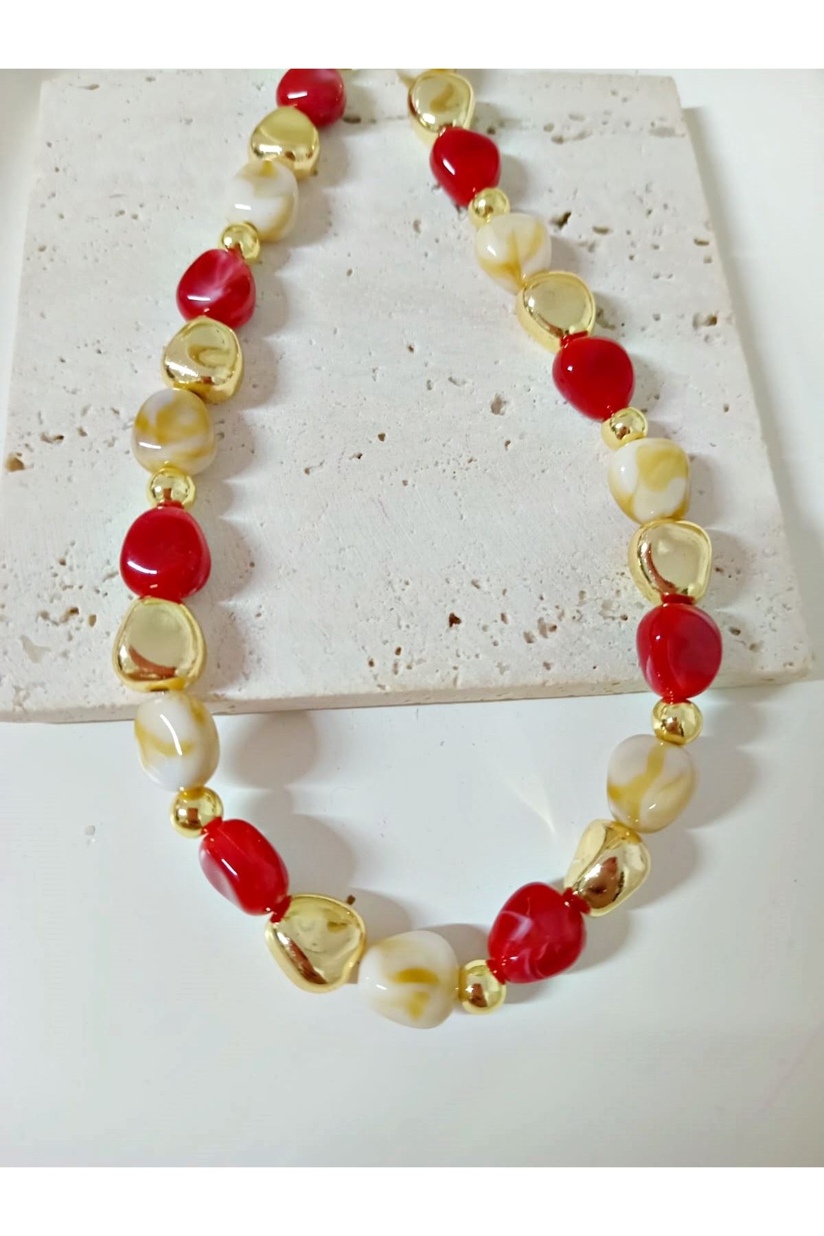 Bordo Krem Gold Boncuklu Şık Kadın Kolye