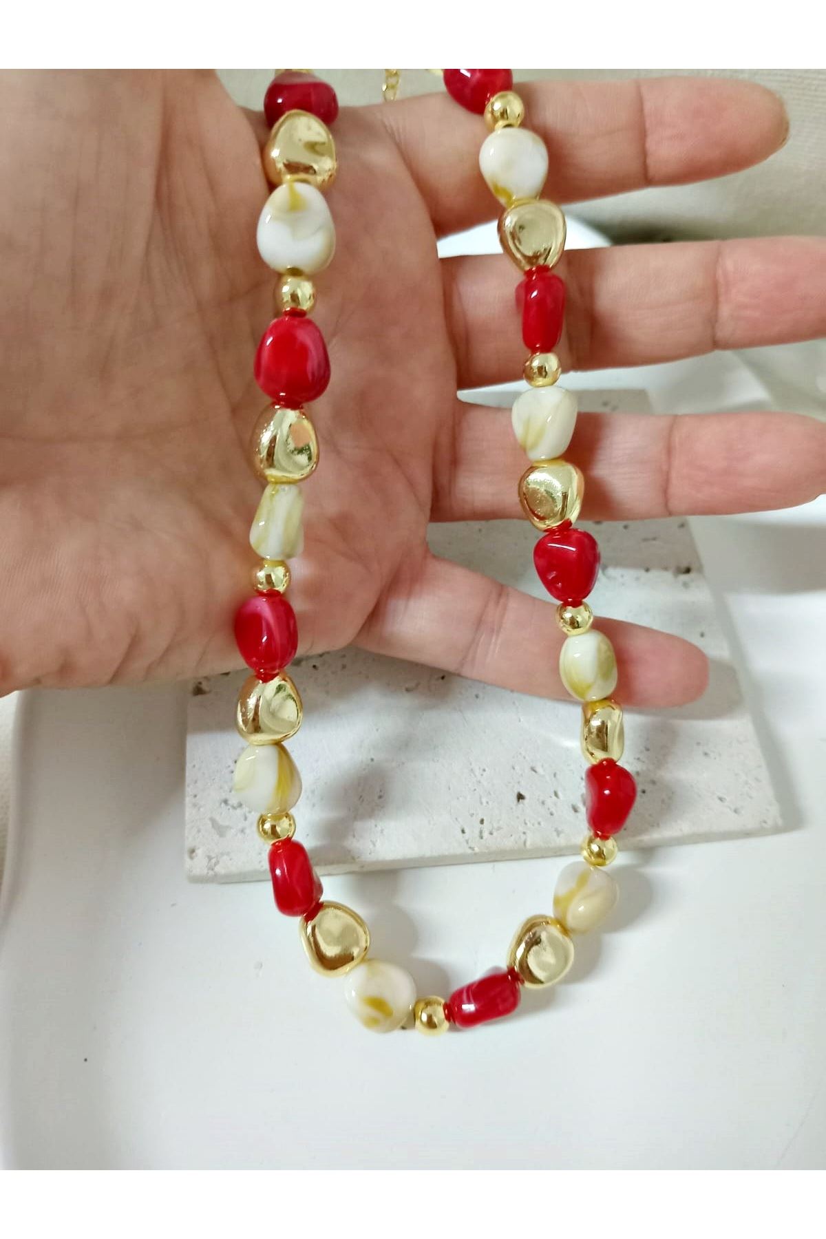 Bordo Krem Gold Boncuklu Şık Kadın Kolye