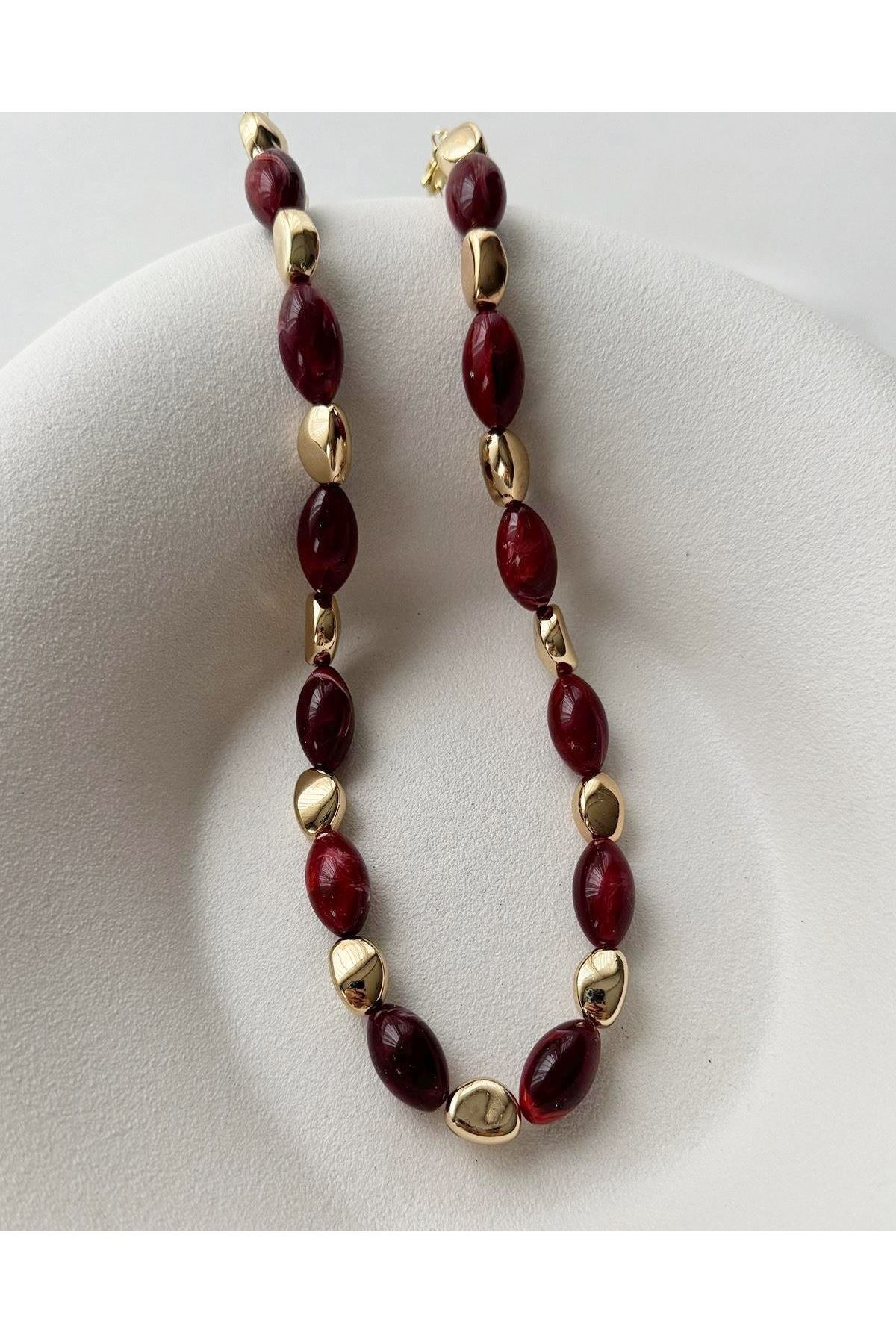 Bordo Boncuklu Gold Elegant Kolye