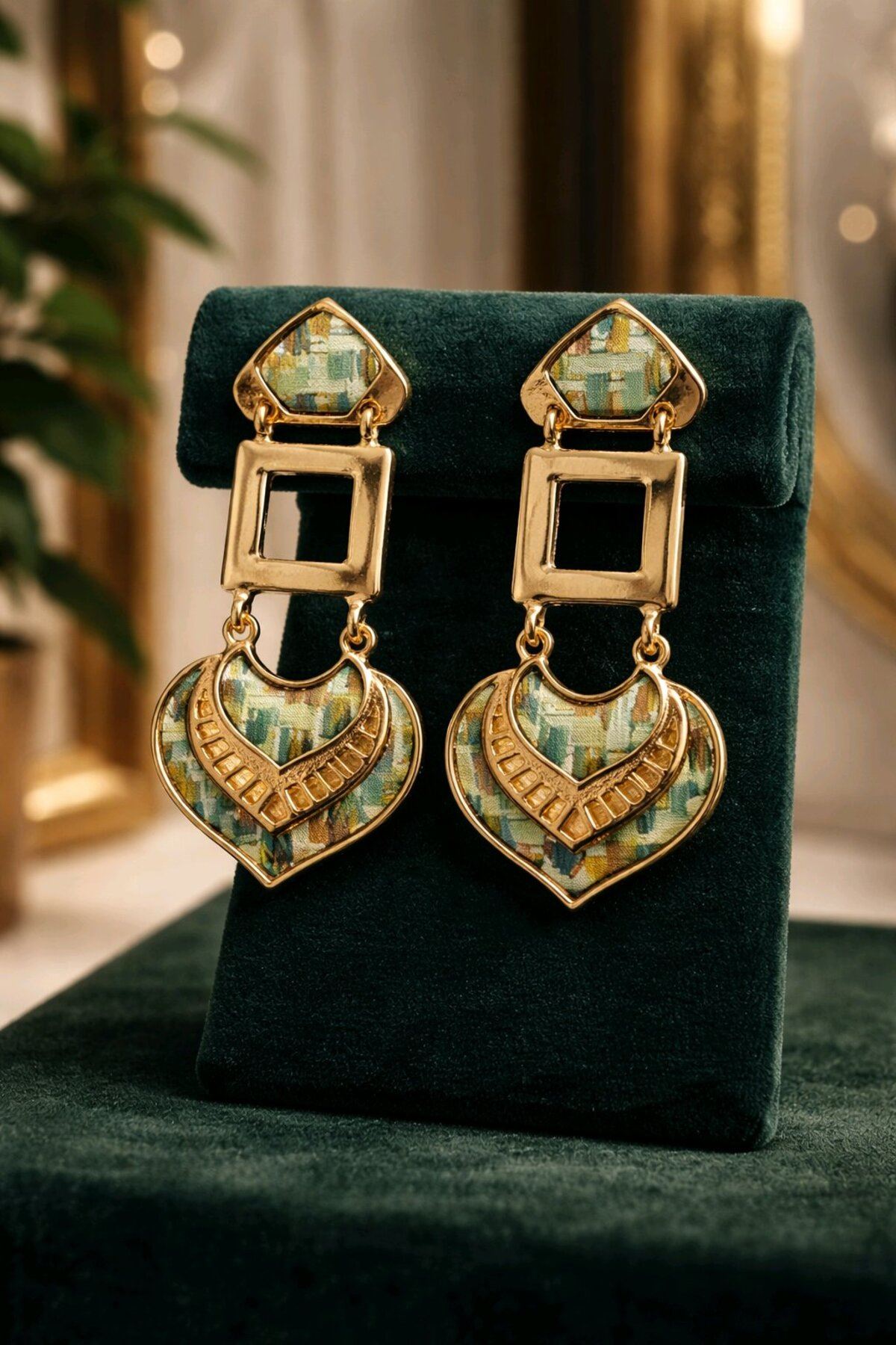 Gold Yeşil Tonlu Etnik Hafif Küpe