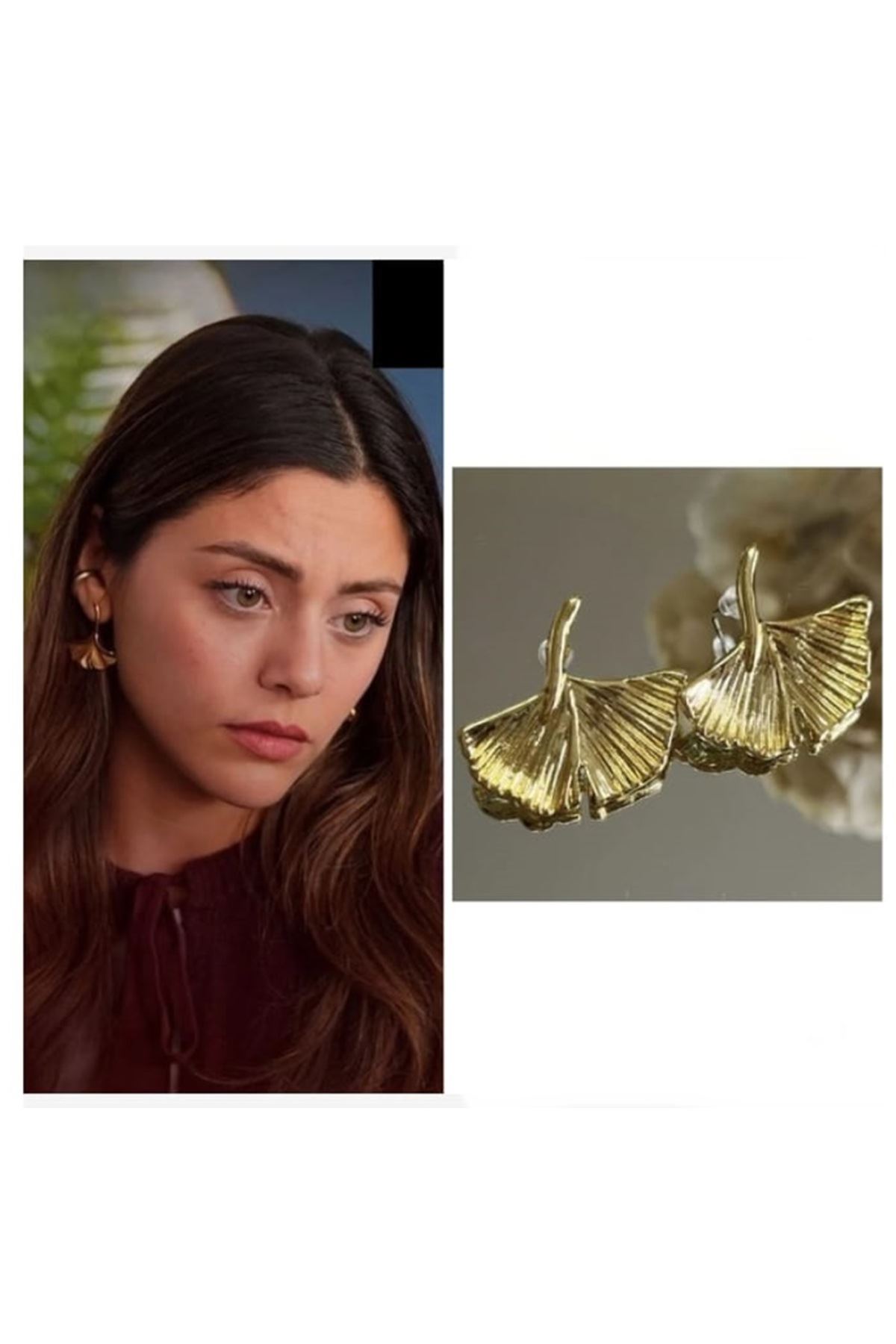 Kızılcık Şerbeti Gold Yaprak Gingko Küpe Vintage