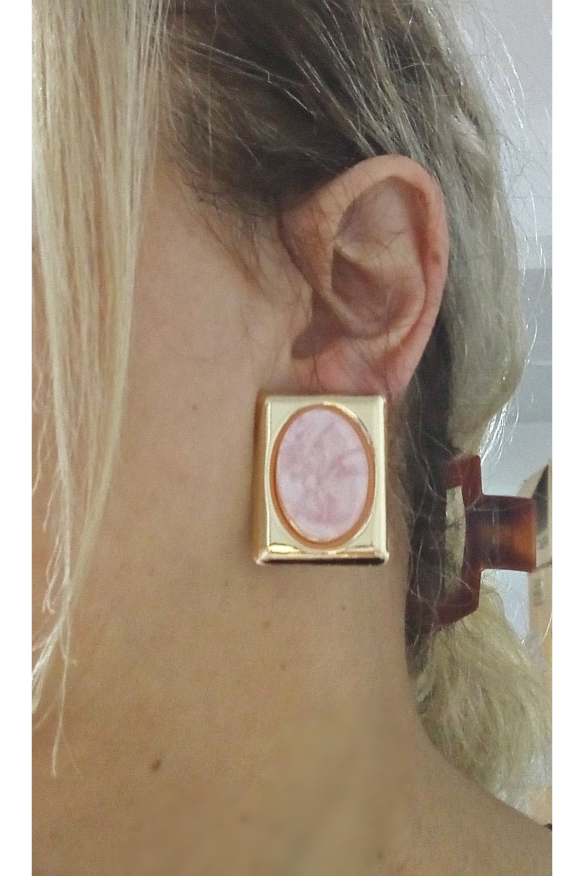 Çelik Pembe Sedefli Dörtgen Kadın Küpe