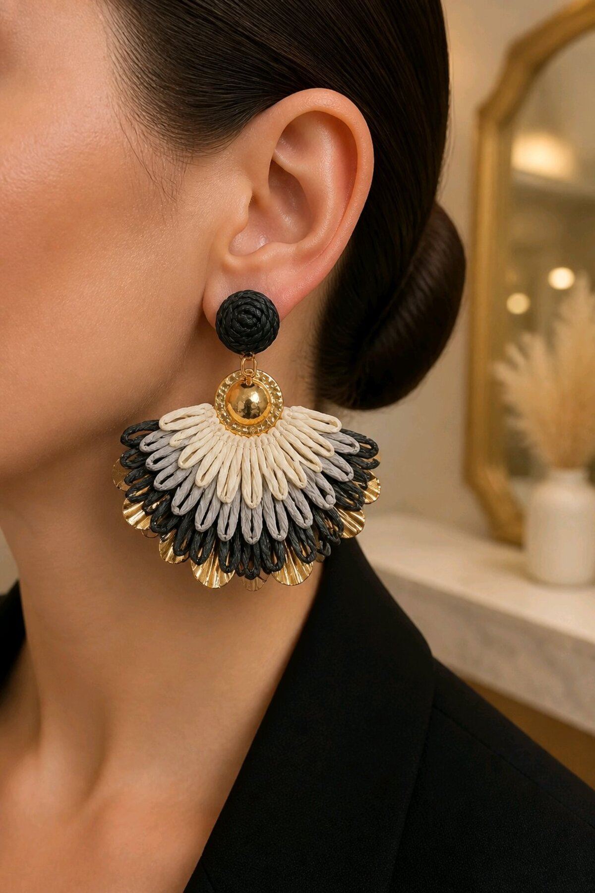 Siyah Gold Yelpaze Küpe