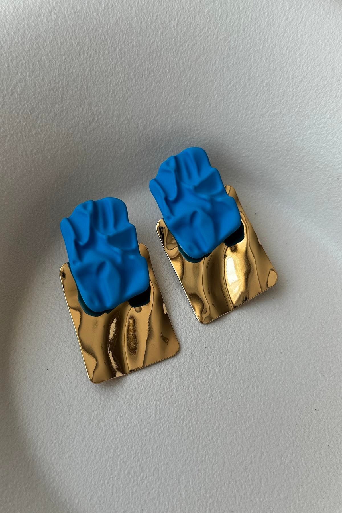 Mavi Gold Plaka Tasarım Kadın Küpe