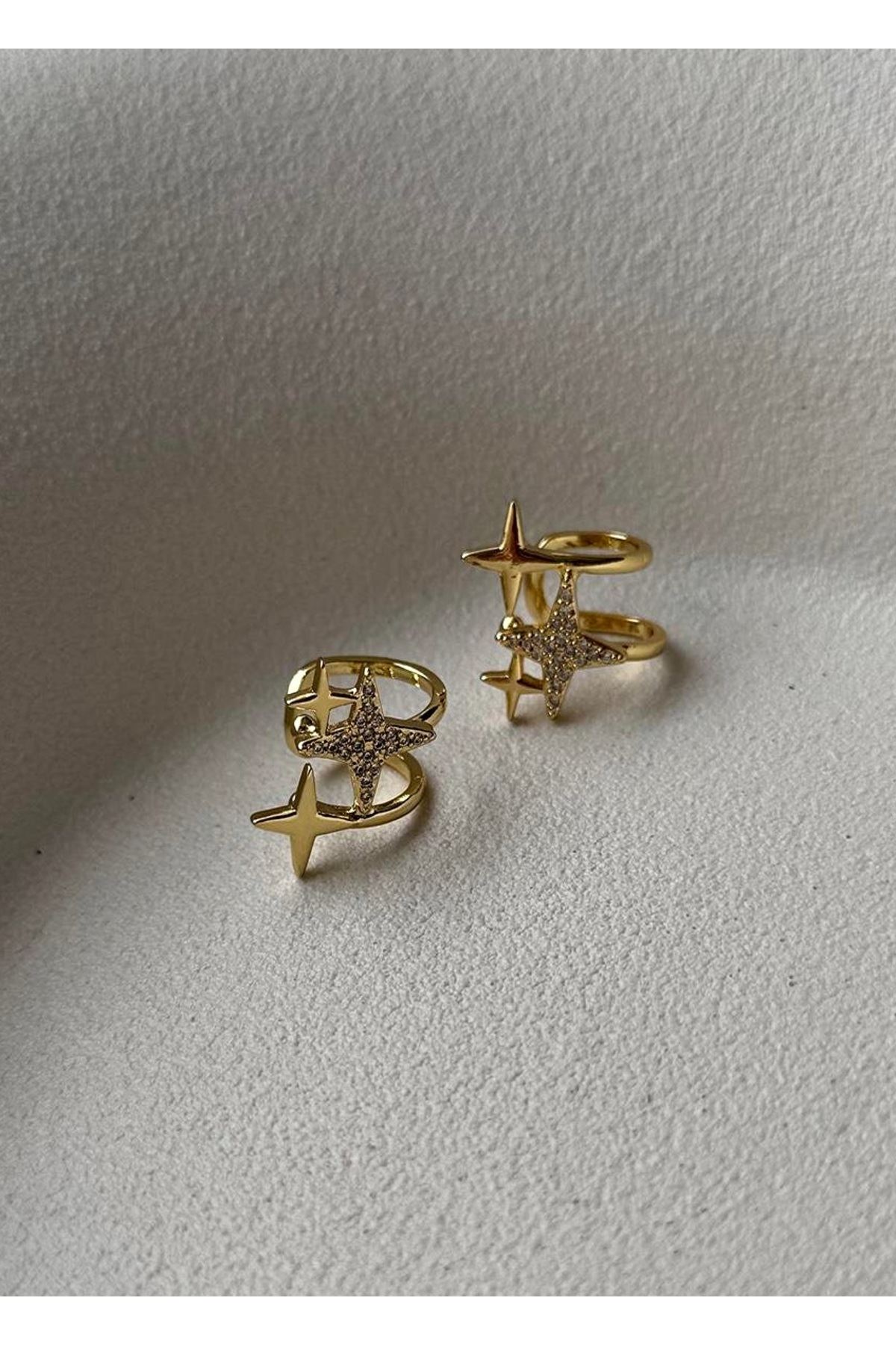İkili Yıldız Kıkırdak Küpe Gold