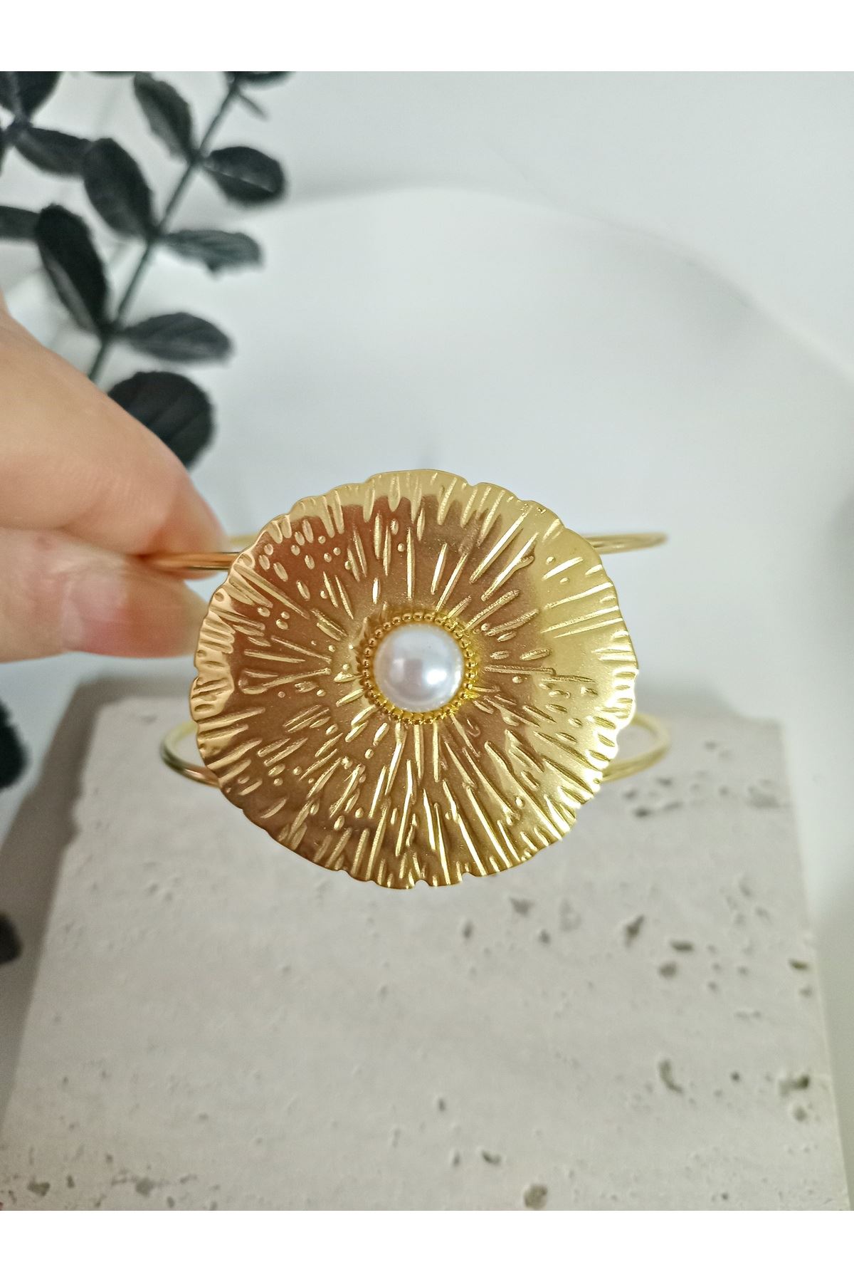 Çelik Gold İncili Kelepçe Bileklik Bilezik Ayarlanabilir