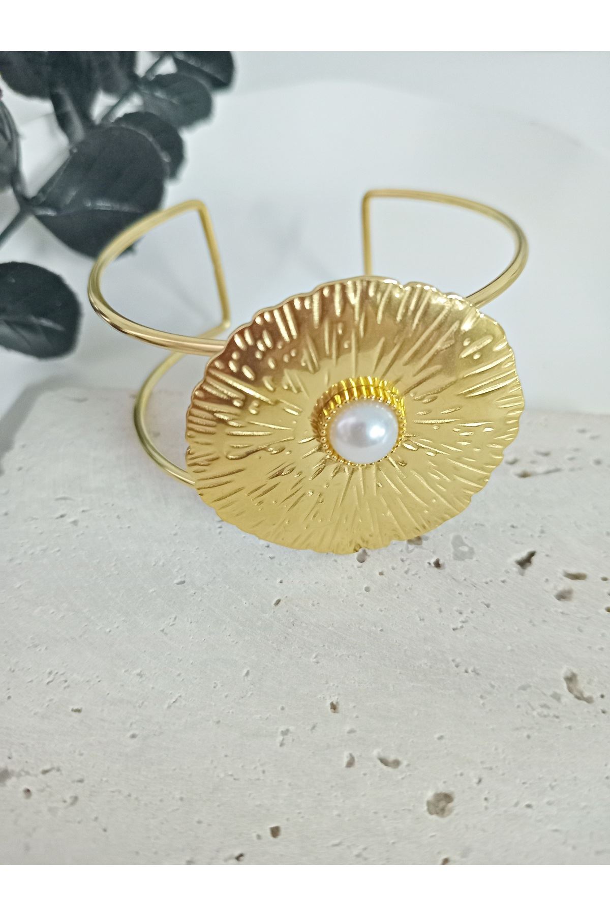 Çelik Gold İncili Kelepçe Bileklik Bilezik Ayarlanabilir