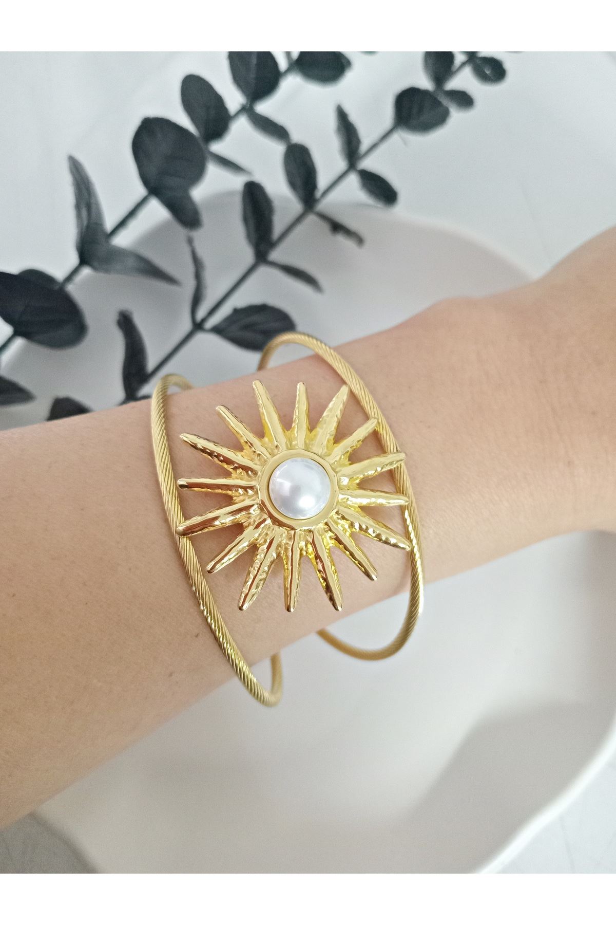 Çelik Gold İncili Güneş Kelepçe Bileklik Bilezik Ayarlanabilir