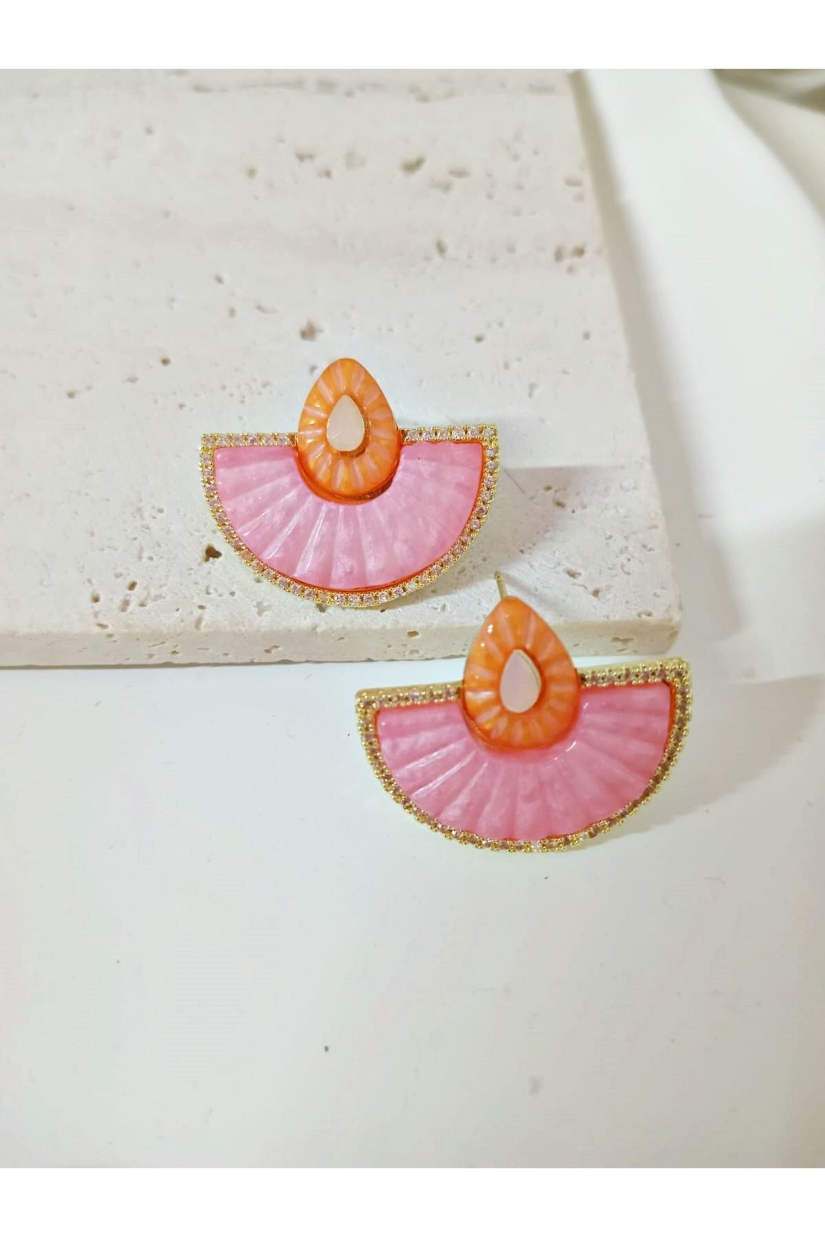 3 Çift Çelik Yeşil Pembe Beyaz Yelpaze Küpe Seti