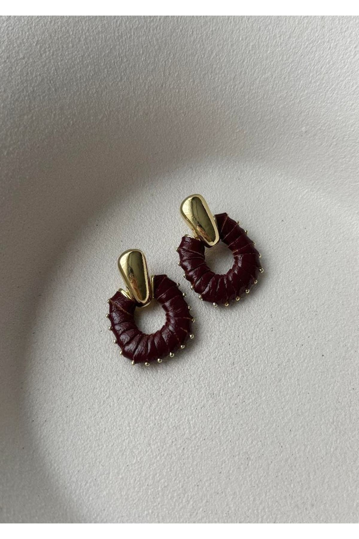 Bordo Deri Küpe, Uzunluk: 3,5cm