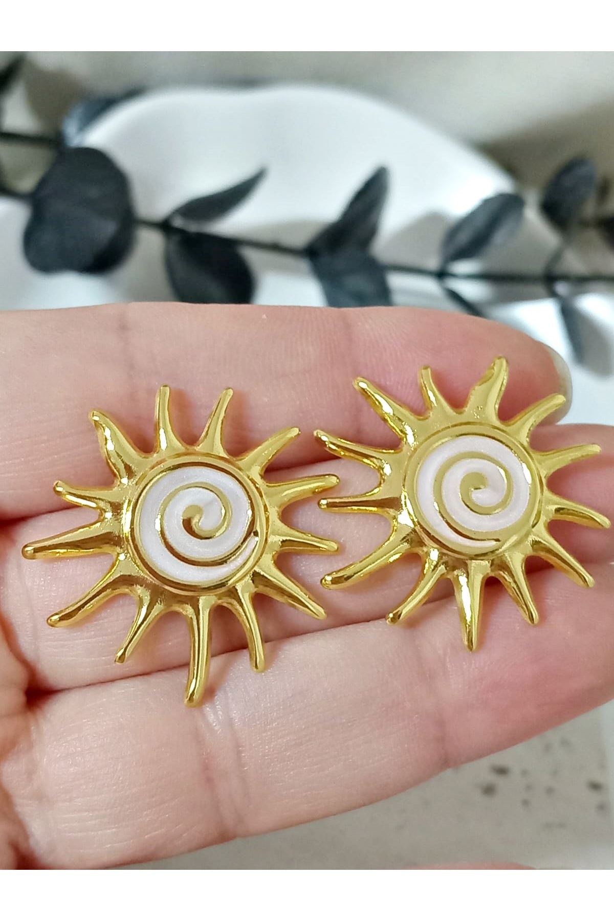 Paslanmaz Çelik Krem Gold Güneş Çok Şık Kadın Küpe