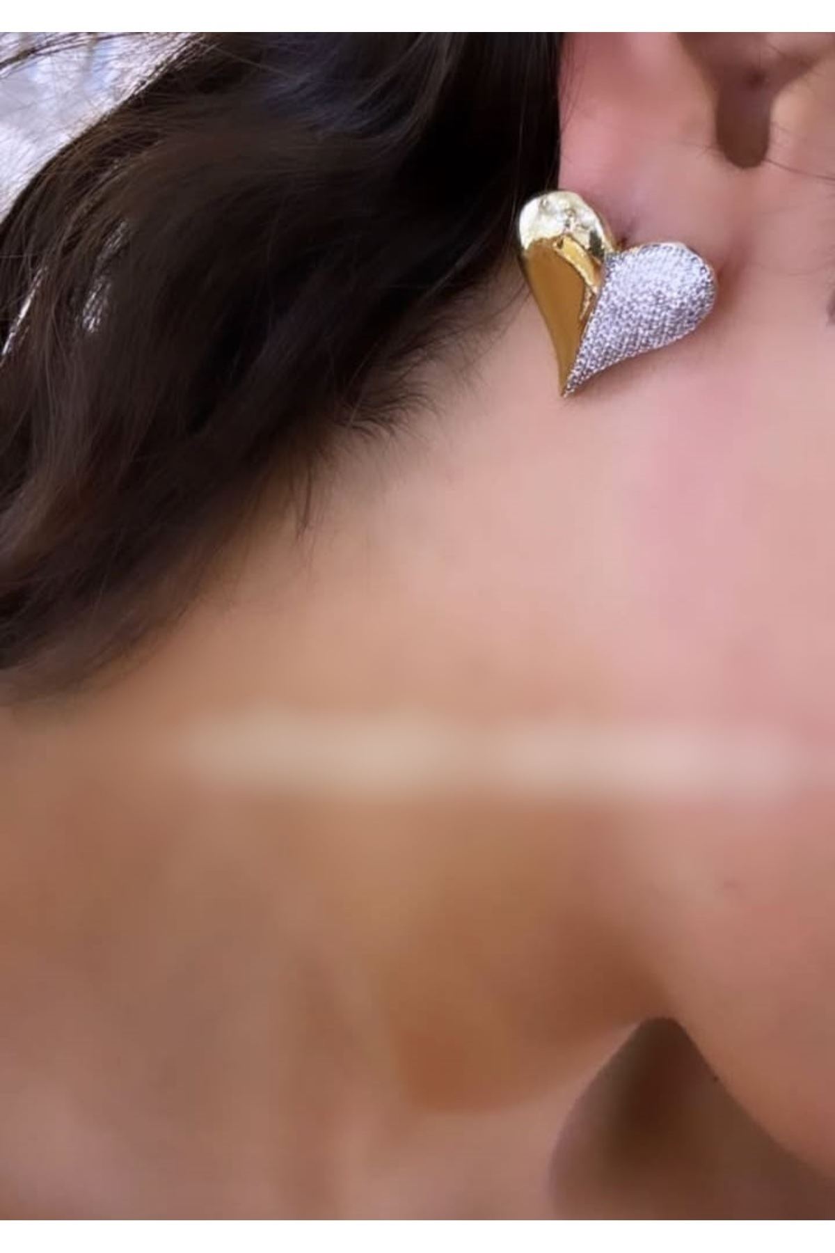 Gold Taşlı Kalp Şık Kadın Küpe
