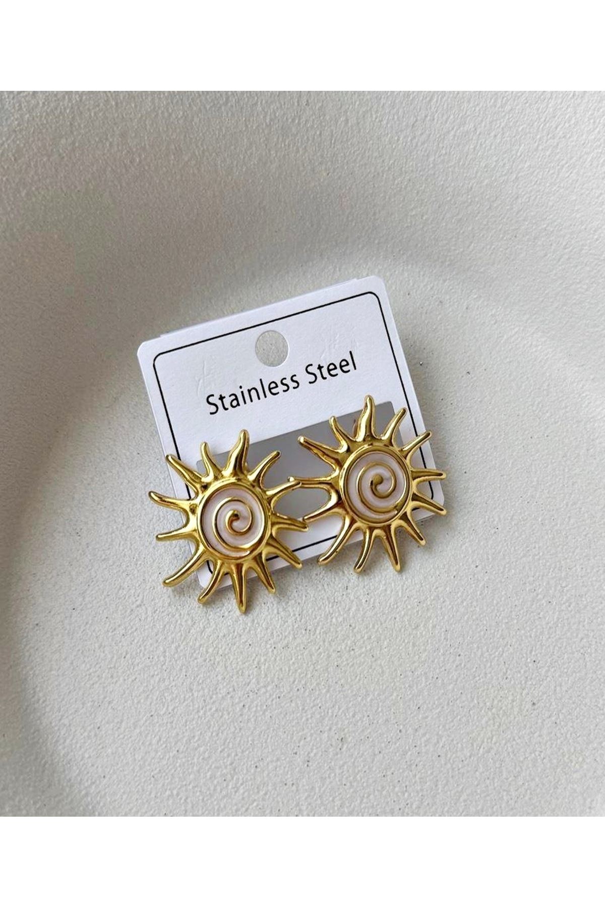 Paslanmaz Çelik Krem Gold Güneş Çok Şık Kadın Küpe