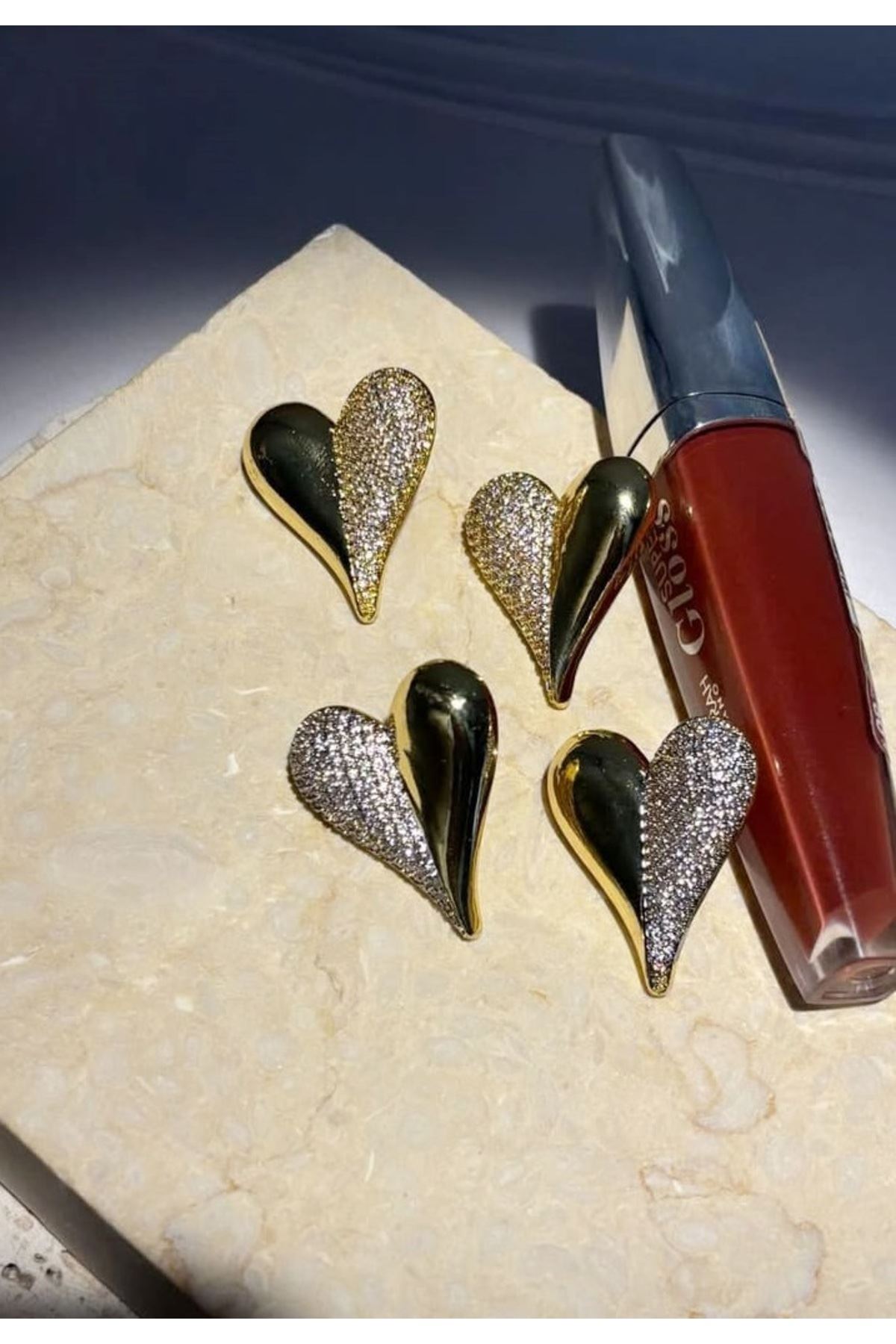 Gold Taşlı Kalp Şık Kadın Küpe