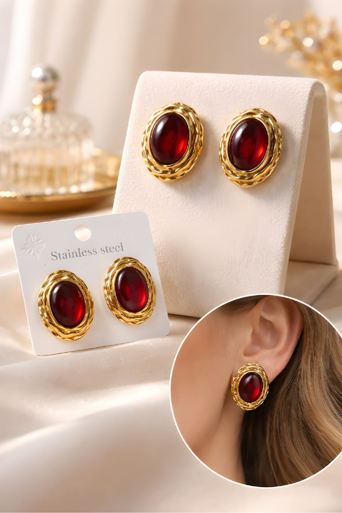 Çelik Gold Kırmızı Taşlı Küpe