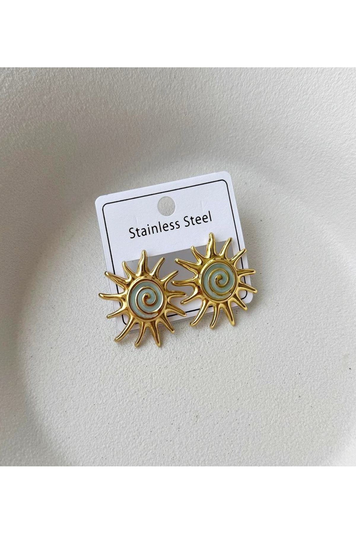 Paslanmaz Çelik Yeşil Gold Güneş Çok Şık Kadın Küpe