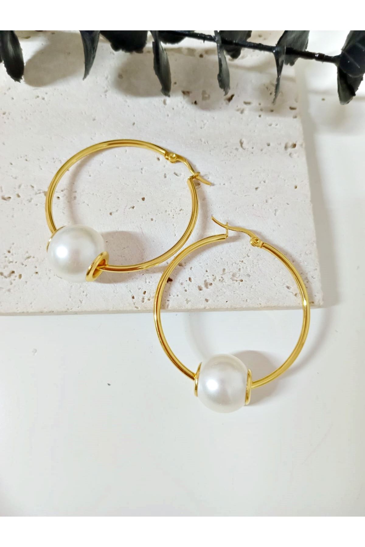 Paslanmaz Çelik İncili Gold Halka Kadın Küpe