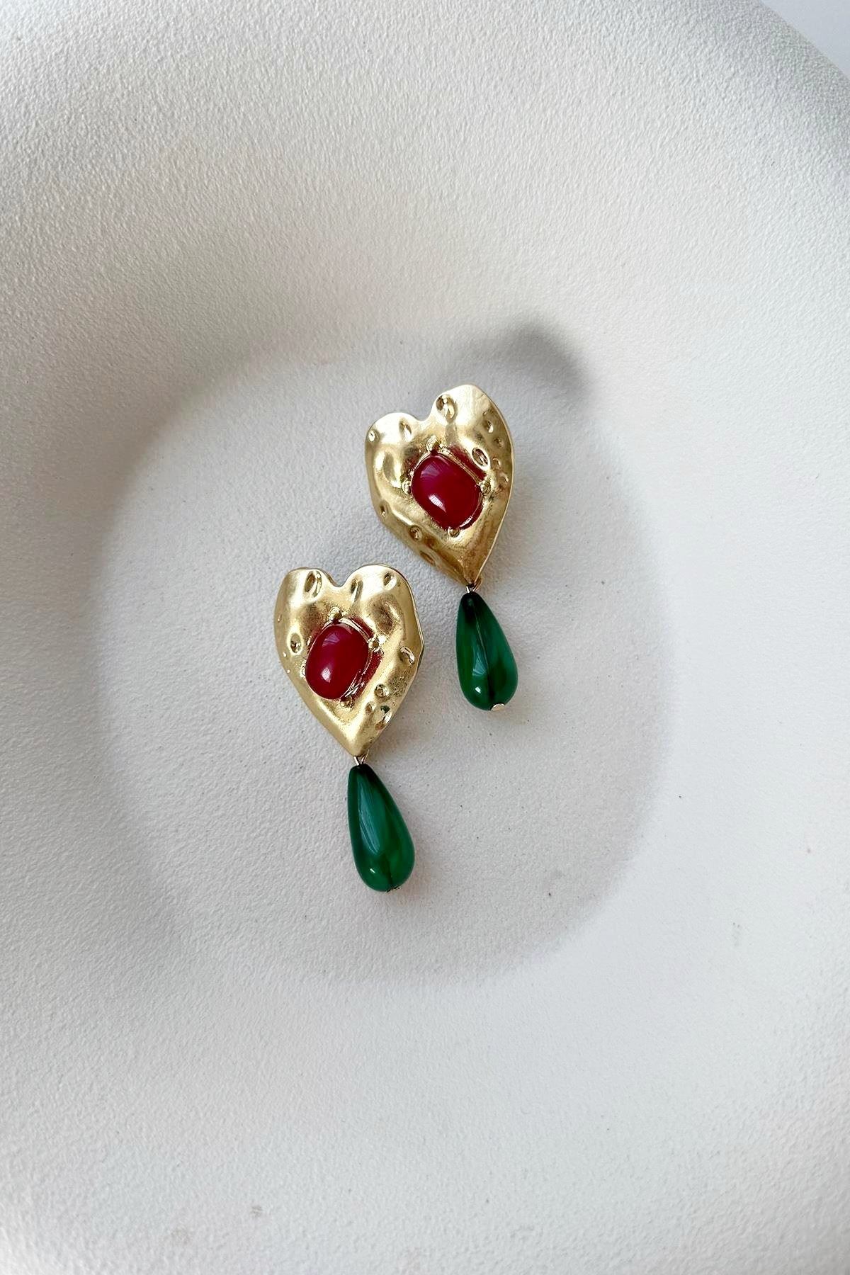 Marka Küpe, Gold Yeşil Bordo Şık Küpe