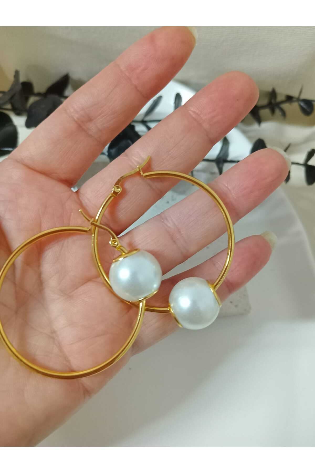 Paslanmaz Çelik İncili Gold Halka Kadın Küpe