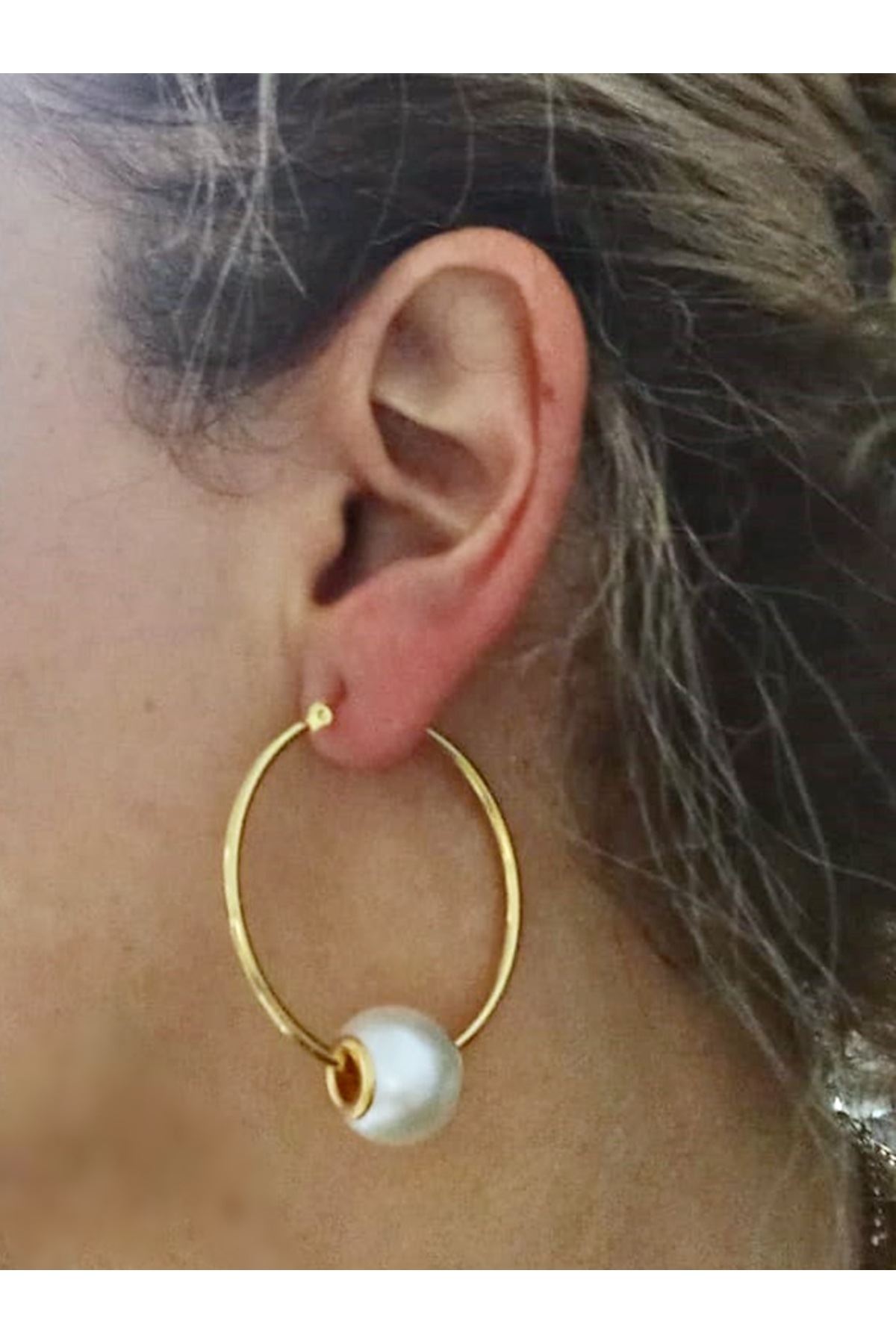 Paslanmaz Çelik İncili Gold Halka Kadın Küpe
