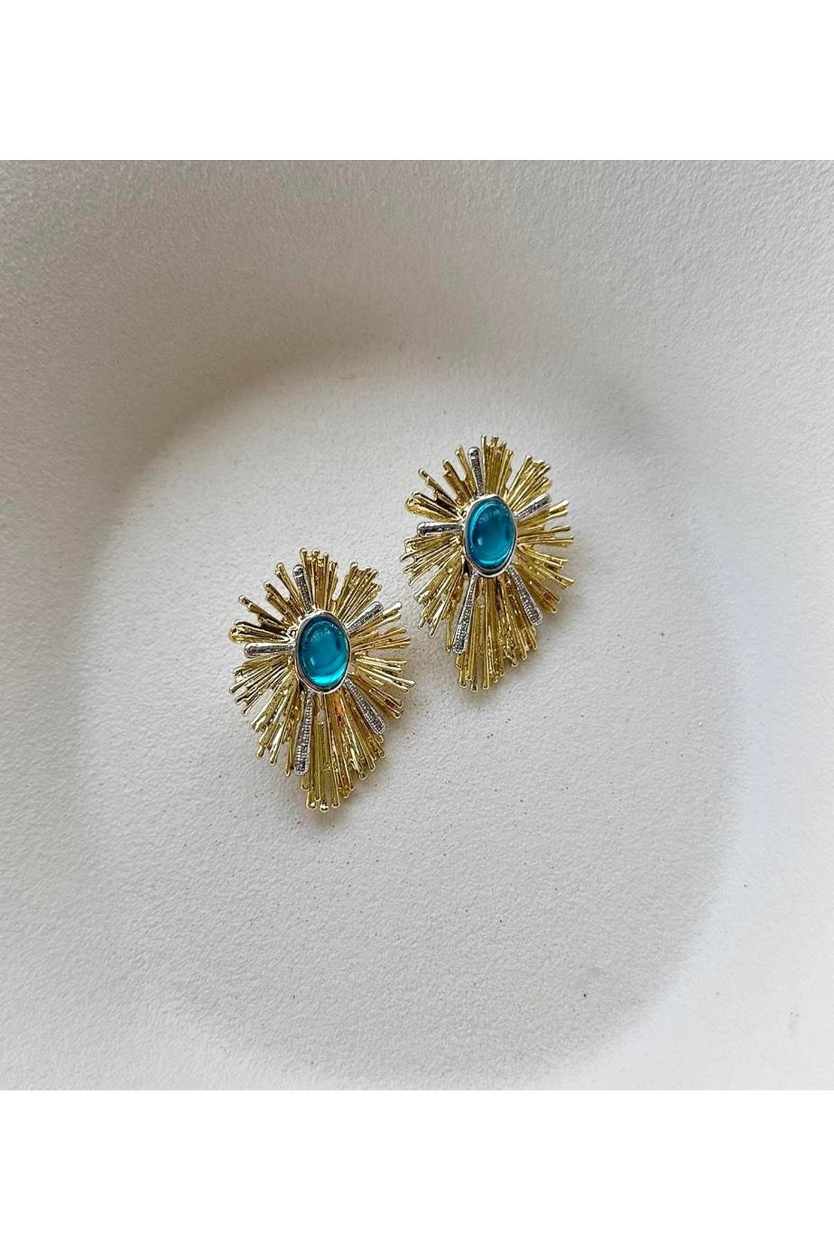 Çelik Gold Mavi Taşlı Şık Küpe