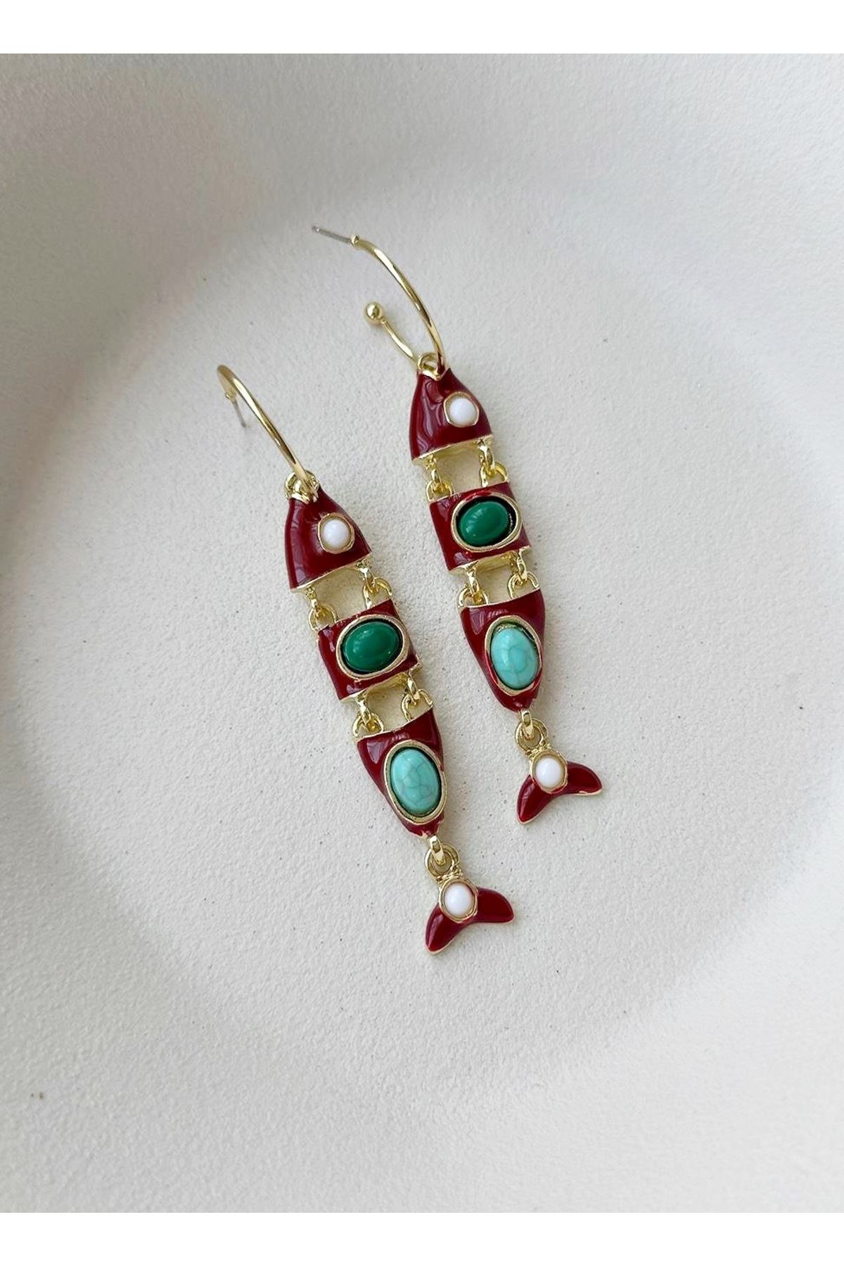 Çelik Balık Küpe, Boncuklu Bordo Elegant Küpe