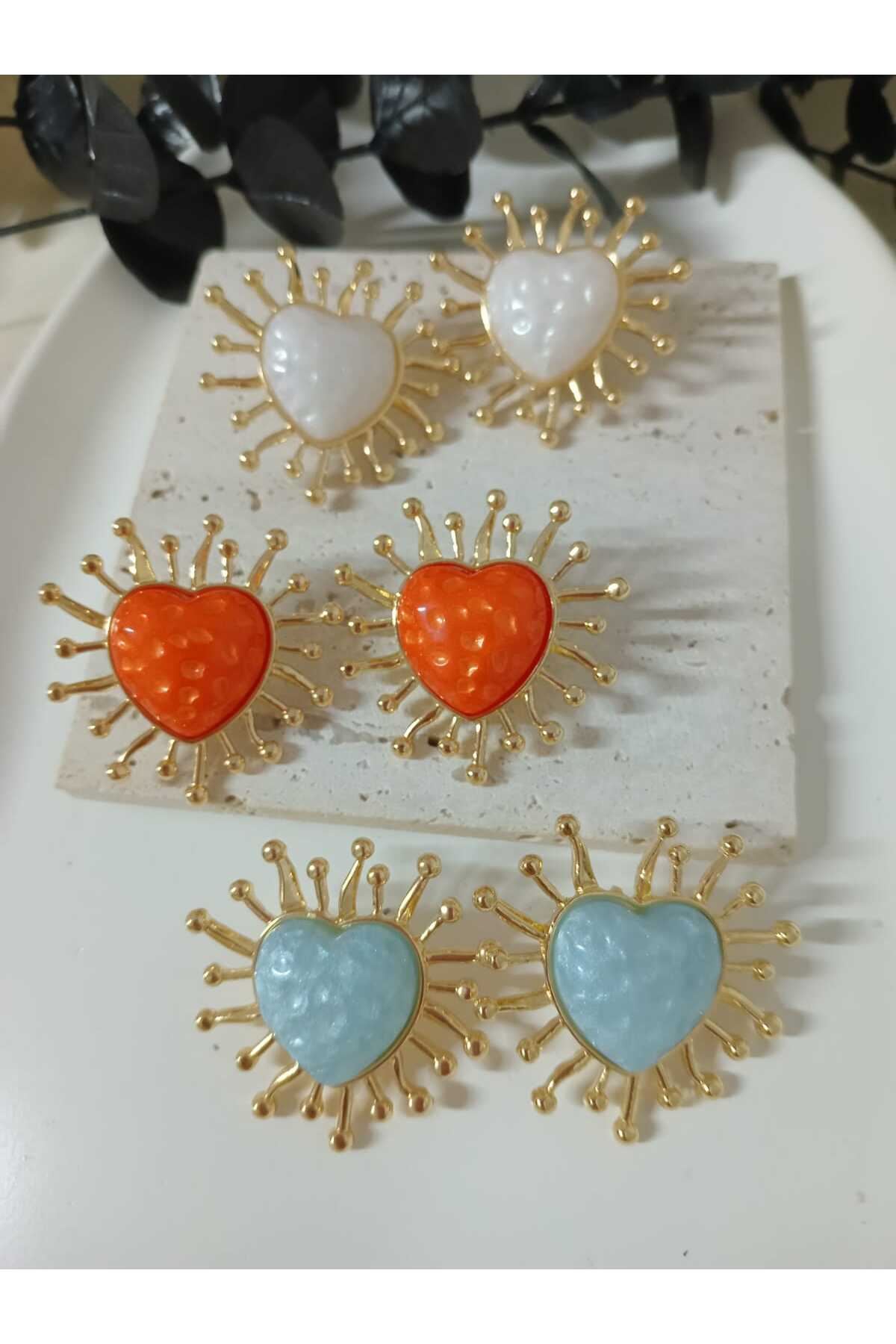Gold Mavi Kalp Güneş Şık Kadın Küpe