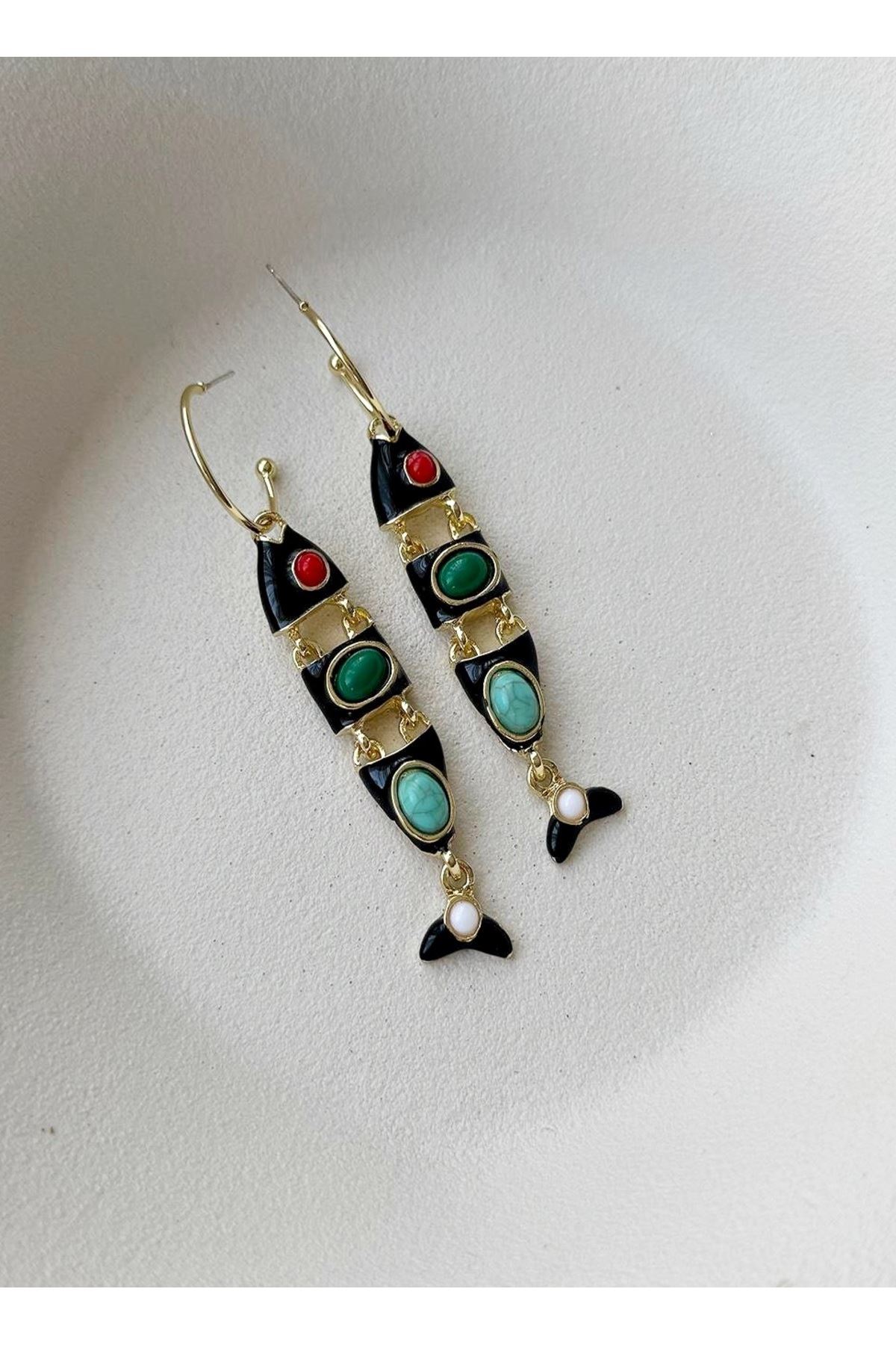 Çelik Balık Küpe, Boncuklu Siyah Elegant Küpe