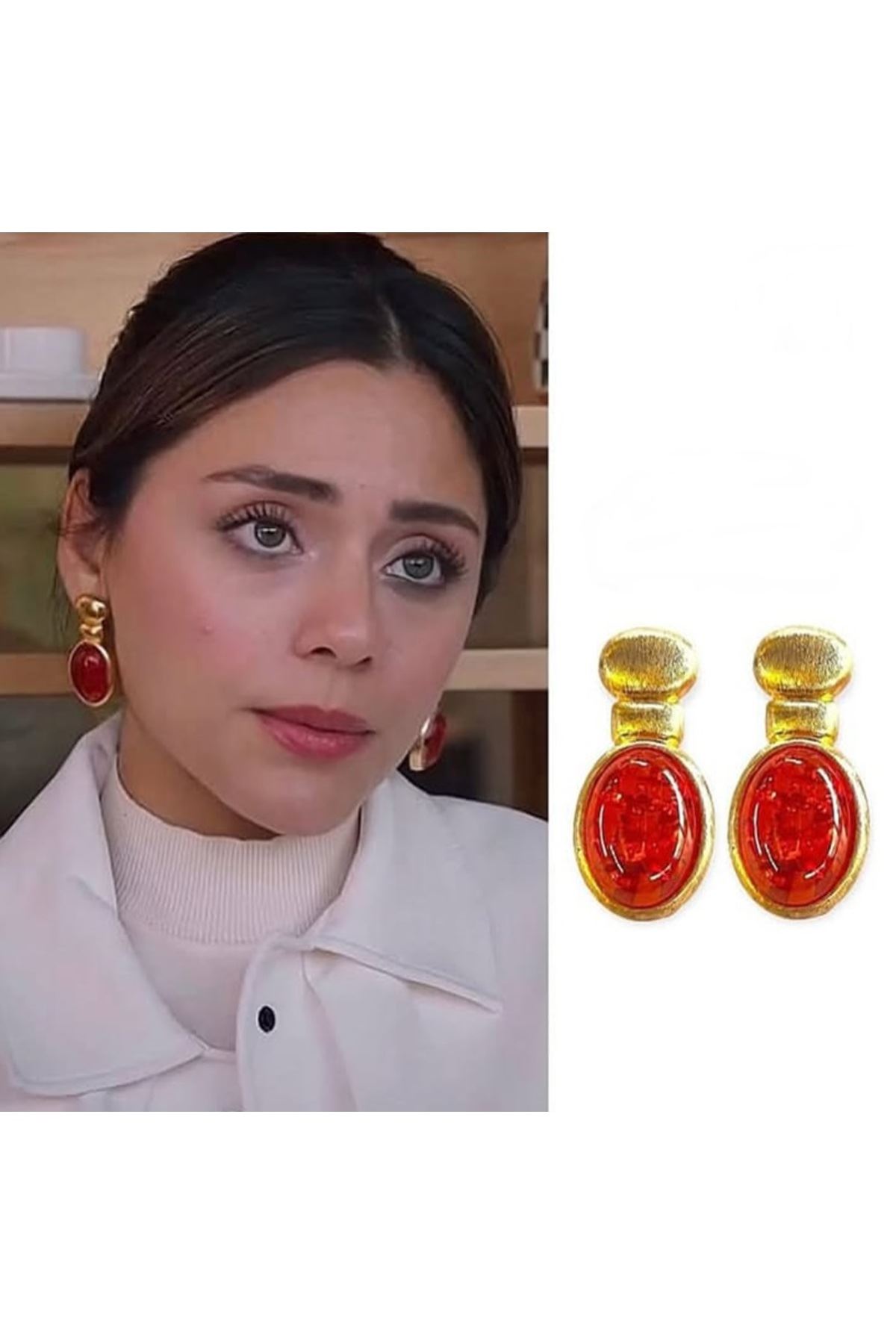 Kızılcık Şerbeti Gold Mavi Boncuklu Şık Klasik Küpe