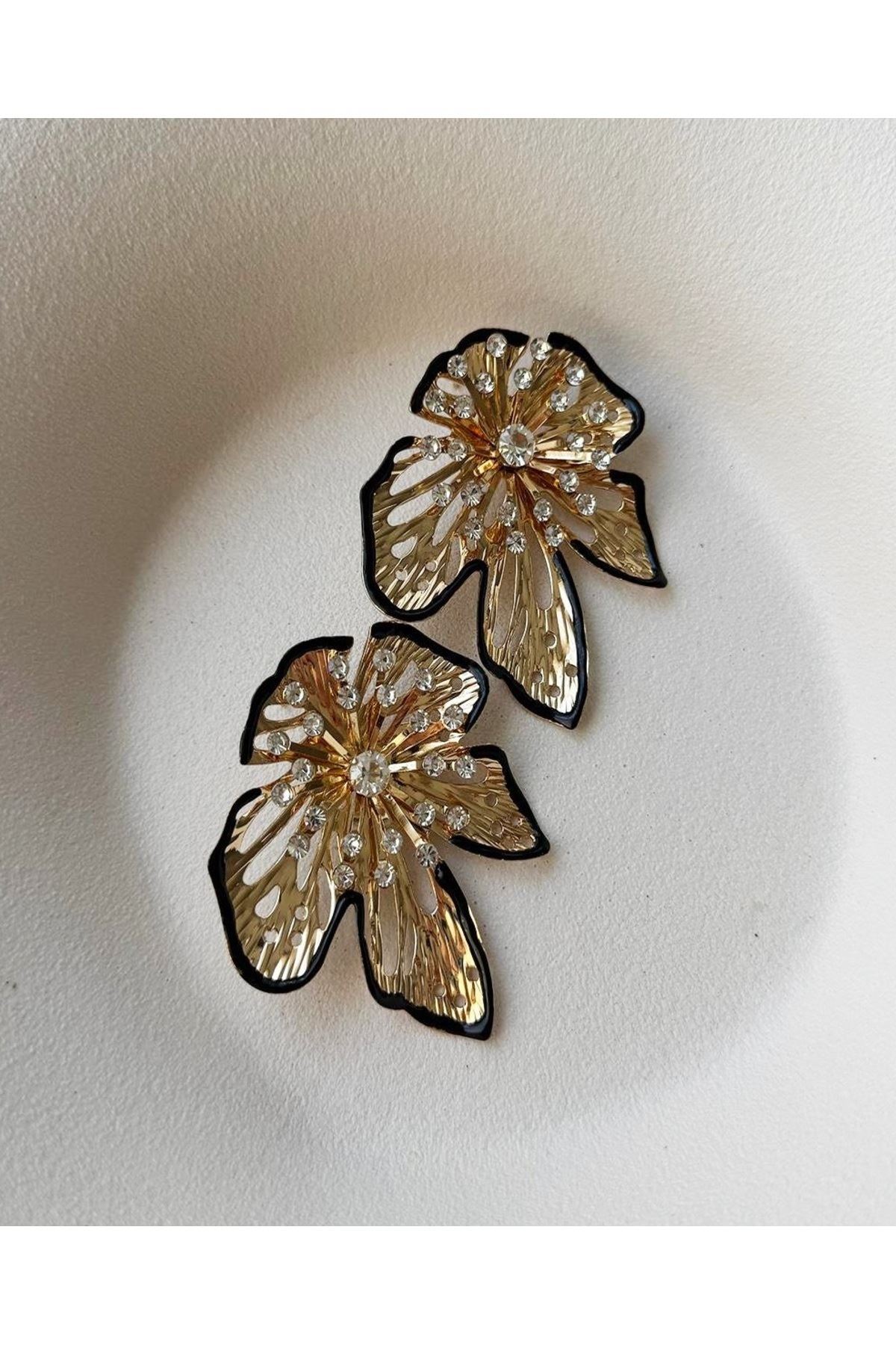 Gold Taşlı Siyah Çizgili Şık Kadın Küpe