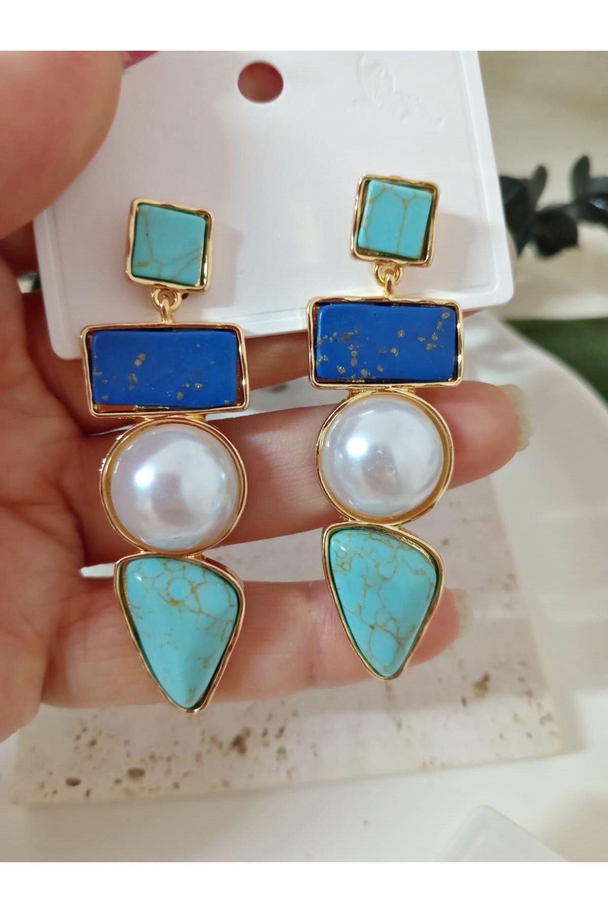 Gold İncili Mavi Şık Kadın Küpe