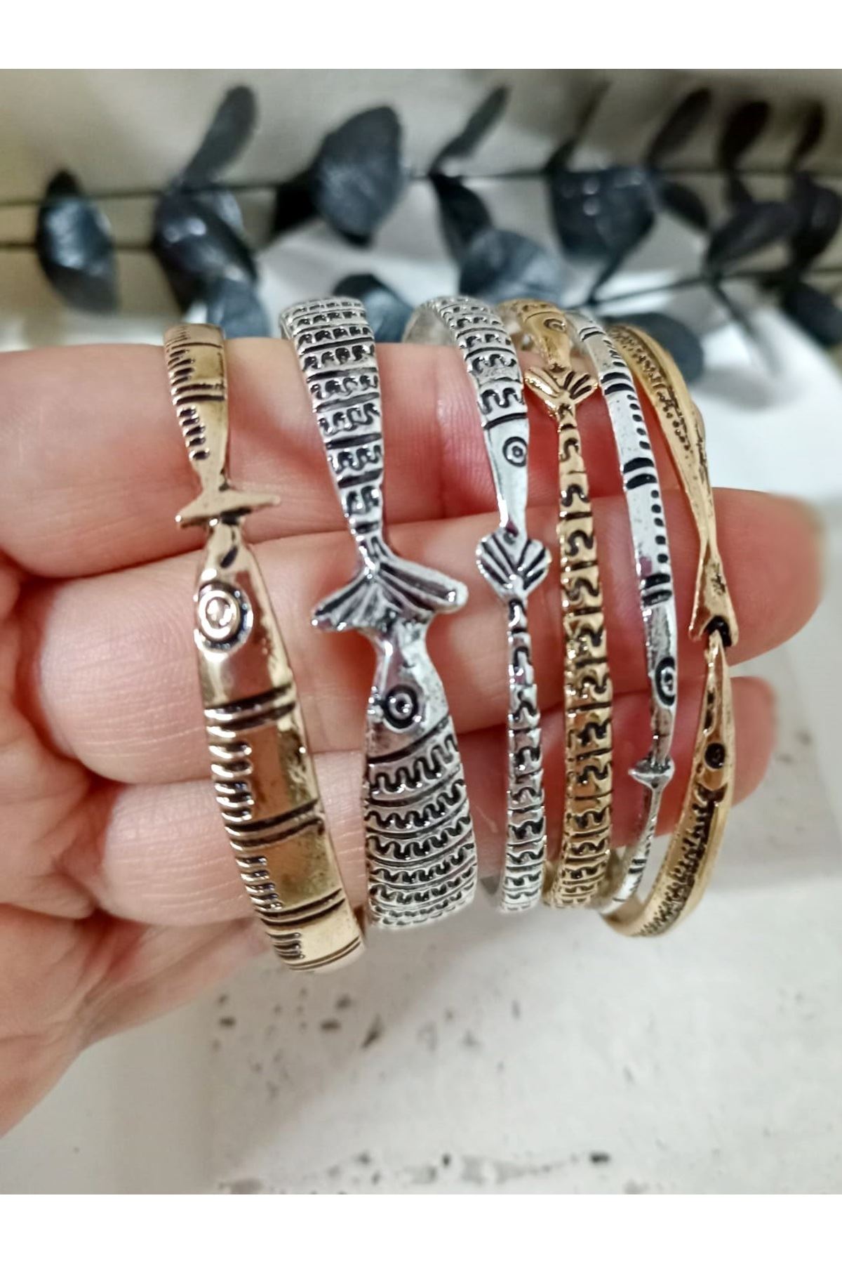 6 Adet , Gold-gümüş Çoklu Balık Bilezik, Çap:6,4cm