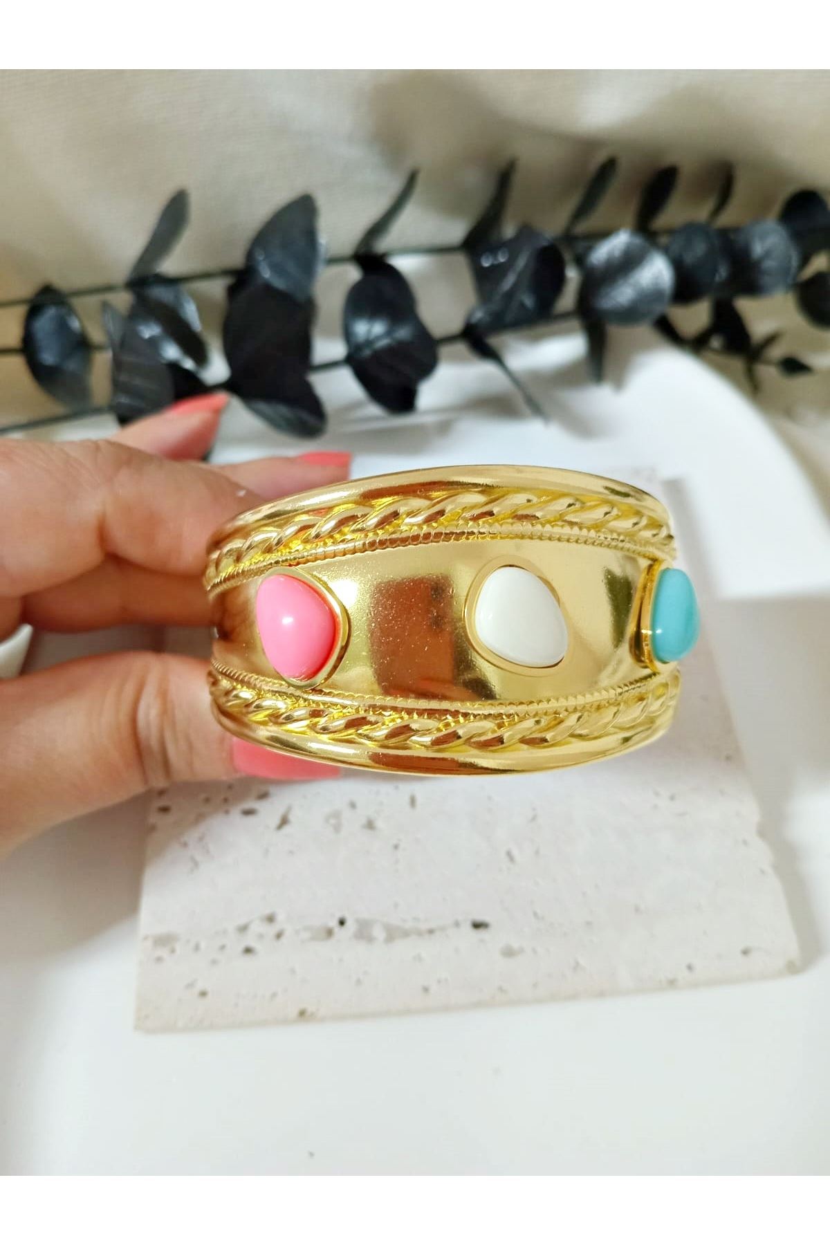 Gold Mavi Beyaz Pembe Boncuklu Kelepçe Bilezik