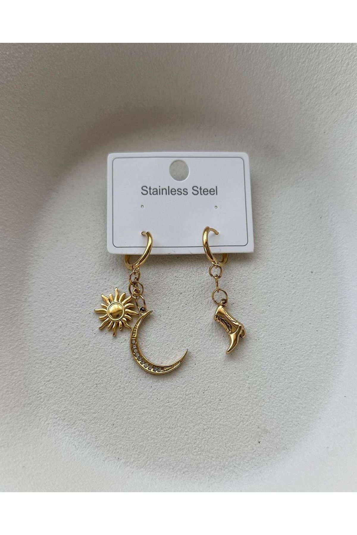 Paslanmaz Çelik Ay Güneş Ve Çizme Küpe