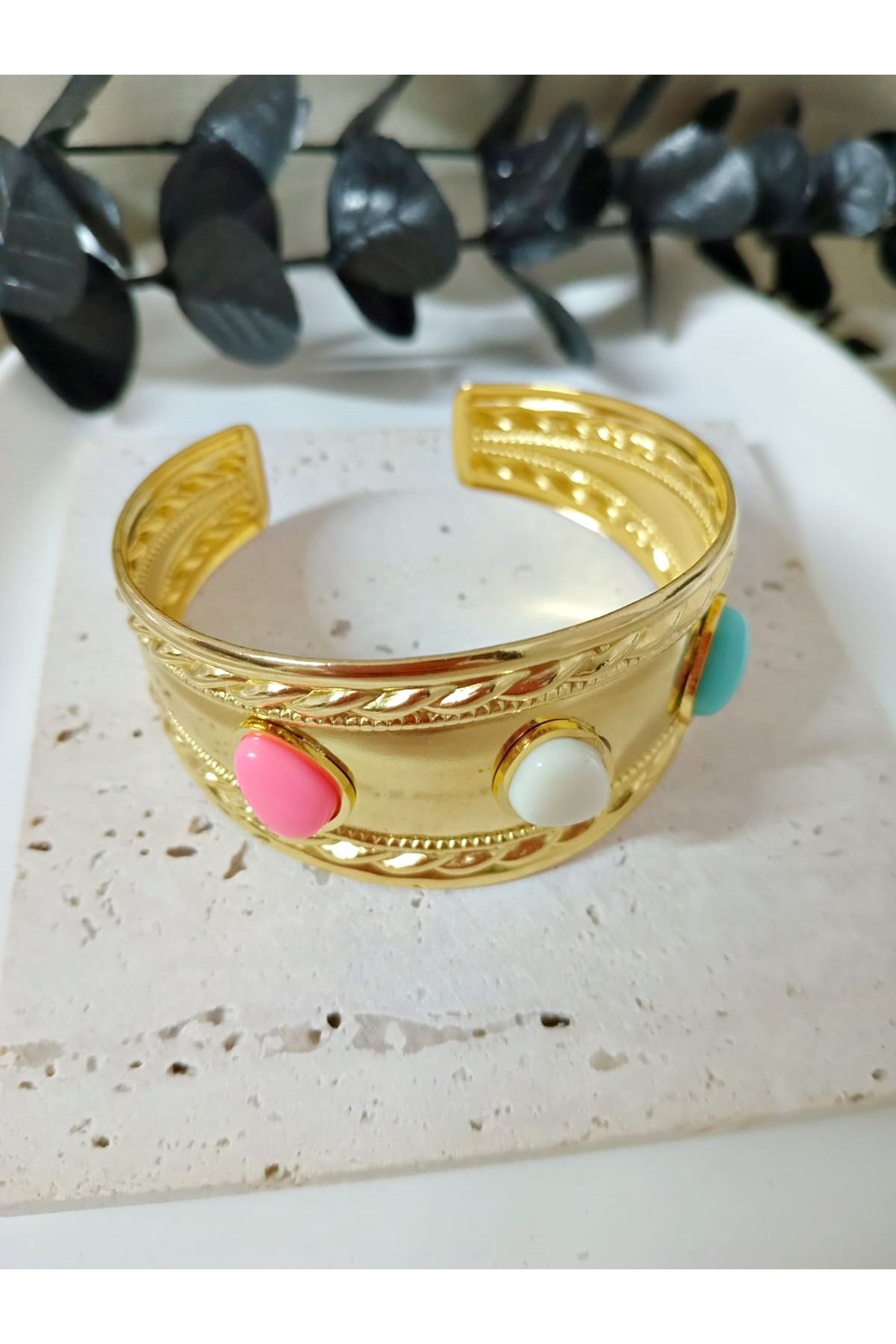 Gold Mavi Beyaz Pembe Boncuklu Kelepçe Bilezik
