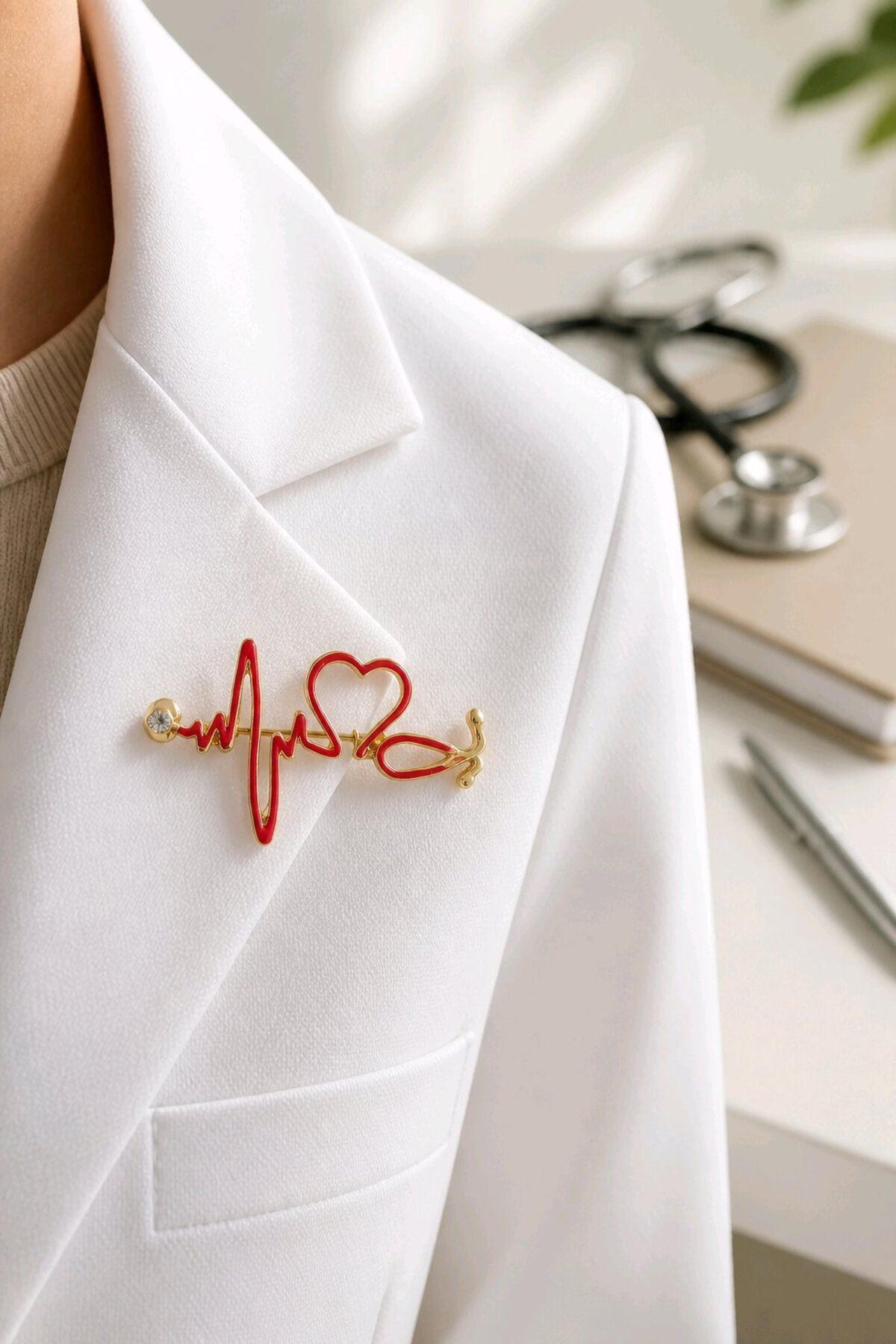 Kırmızı Steteskop Doktor Broş, Yaka Broşu, Çanta Broşu