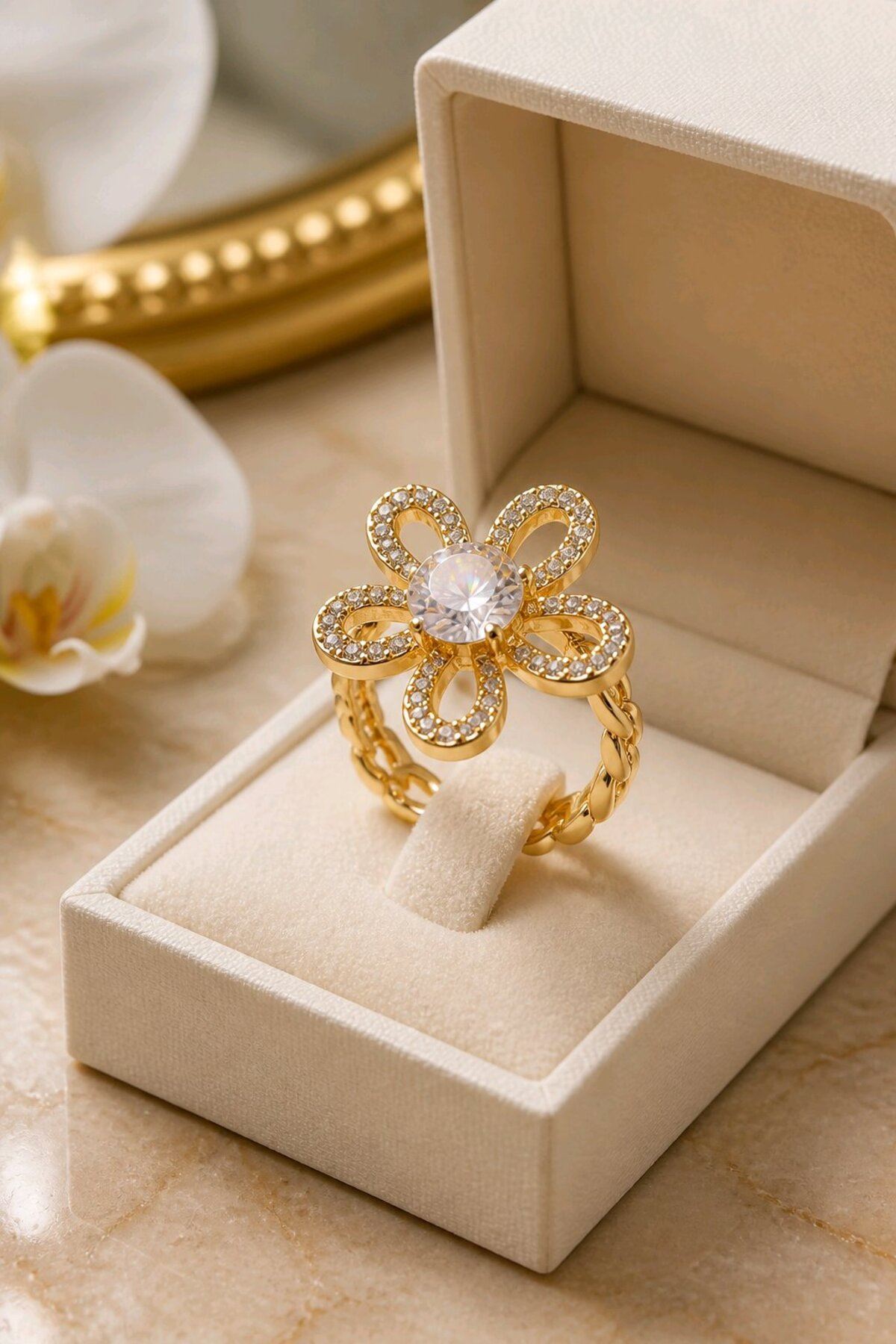 Çelik Gold Taşlı Çiçek Yüzük, Ayarlanabilir