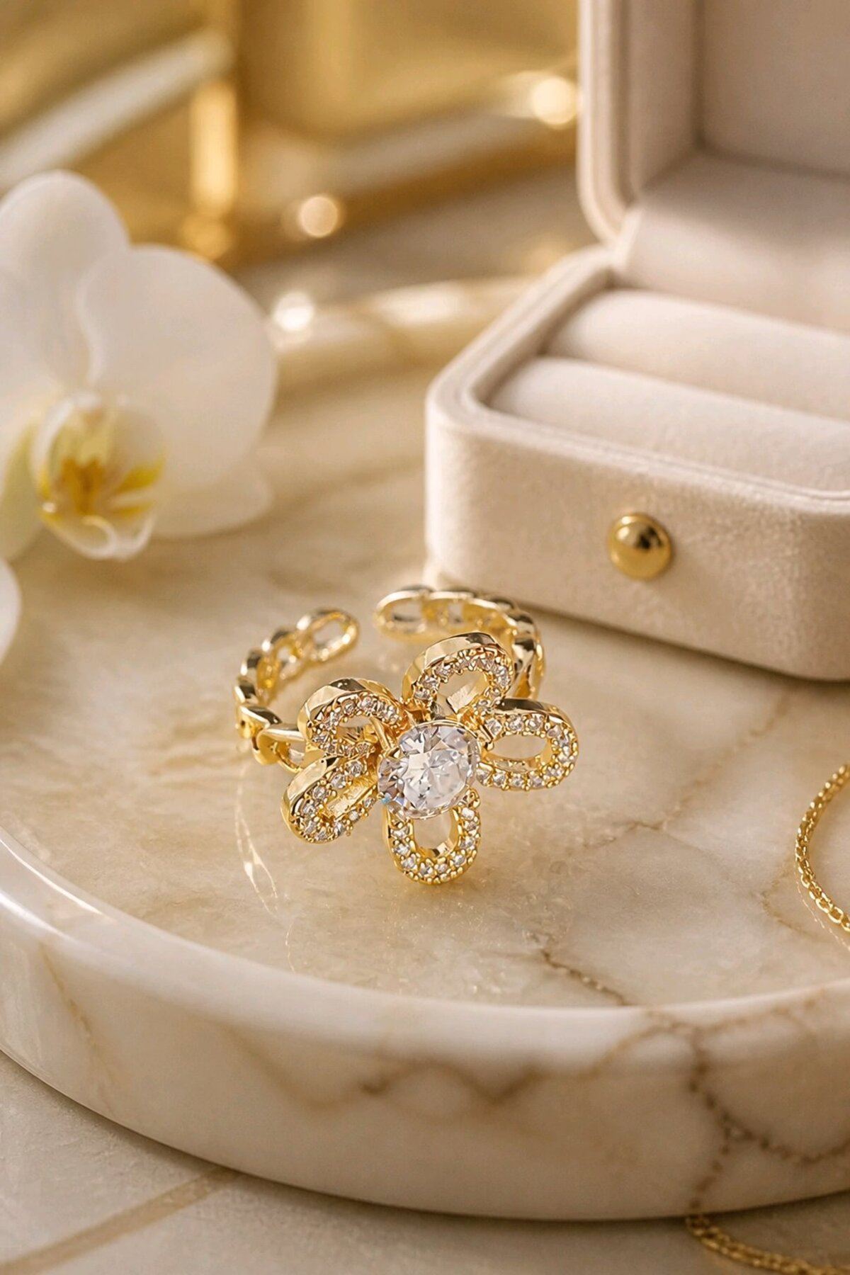 Çelik Gold Taşlı Çiçek Yüzük, Ayarlanabilir